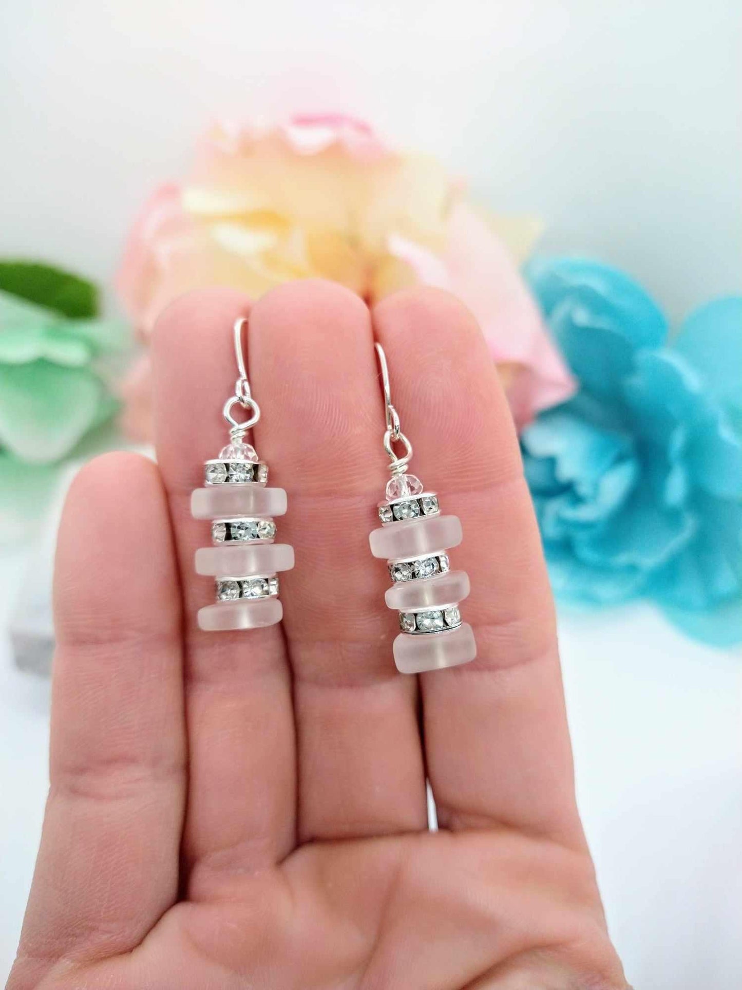 White Sea Glass Dangle Earrings: Silver Rhinestone Accent Jewelry