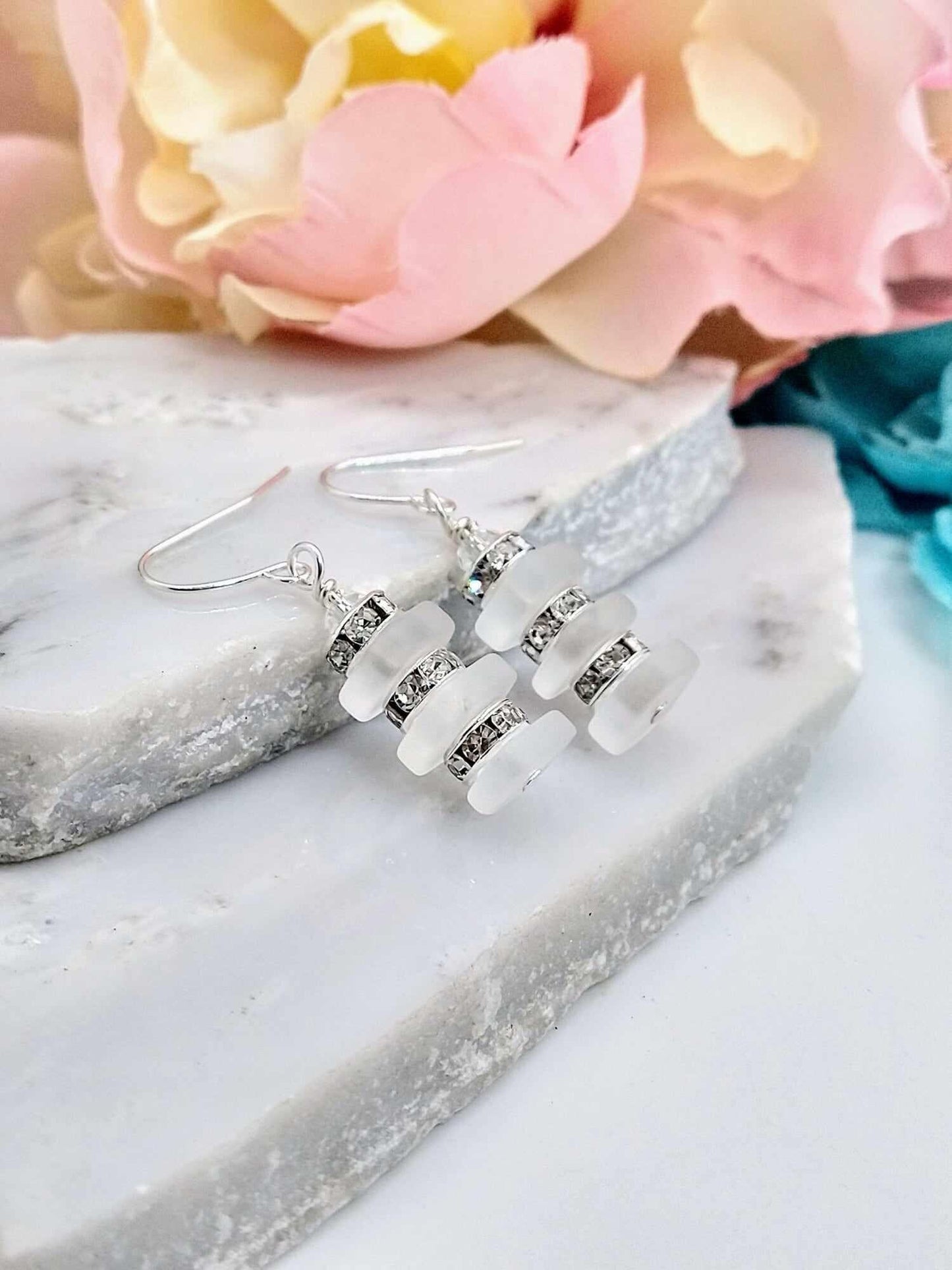 White Sea Glass Dangle Earrings: Silver Rhinestone Accent Jewelry