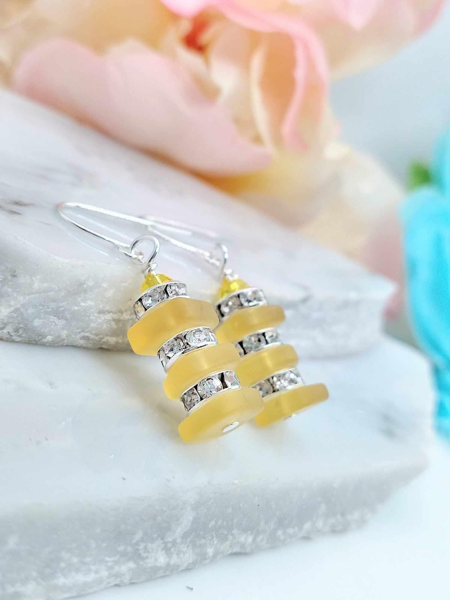 Yellow Stacked Sea Glass .925 Sterling Silver Dangle Earrings, Crystal Rhinestone,  Beach Jewelry, Gift For Her, Minimalist Drops