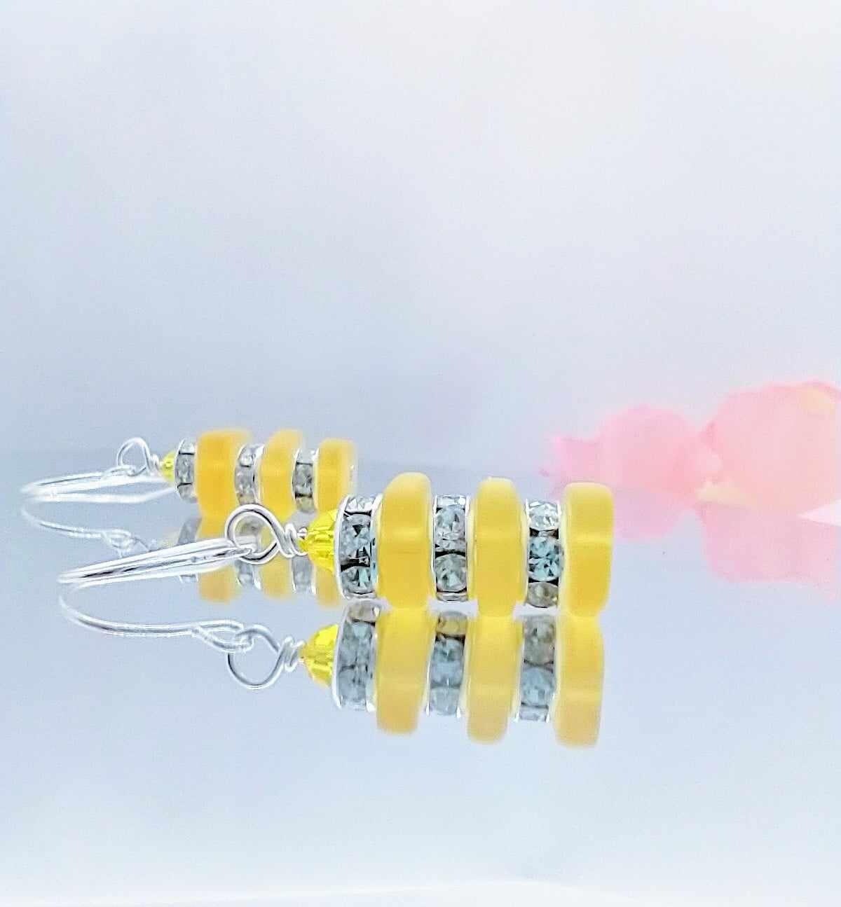 Yellow Stacked Sea Glass .925 Sterling Silver Dangle Earrings, Crystal Rhinestone,  Beach Jewelry, Gift For Her, Minimalist Drops