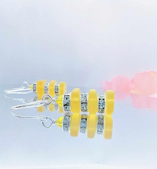 Yellow Stacked Sea Glass .925 Sterling Silver Dangle Earrings, Crystal Rhinestone,  Beach Jewelry, Gift For Her, Minimalist Drops