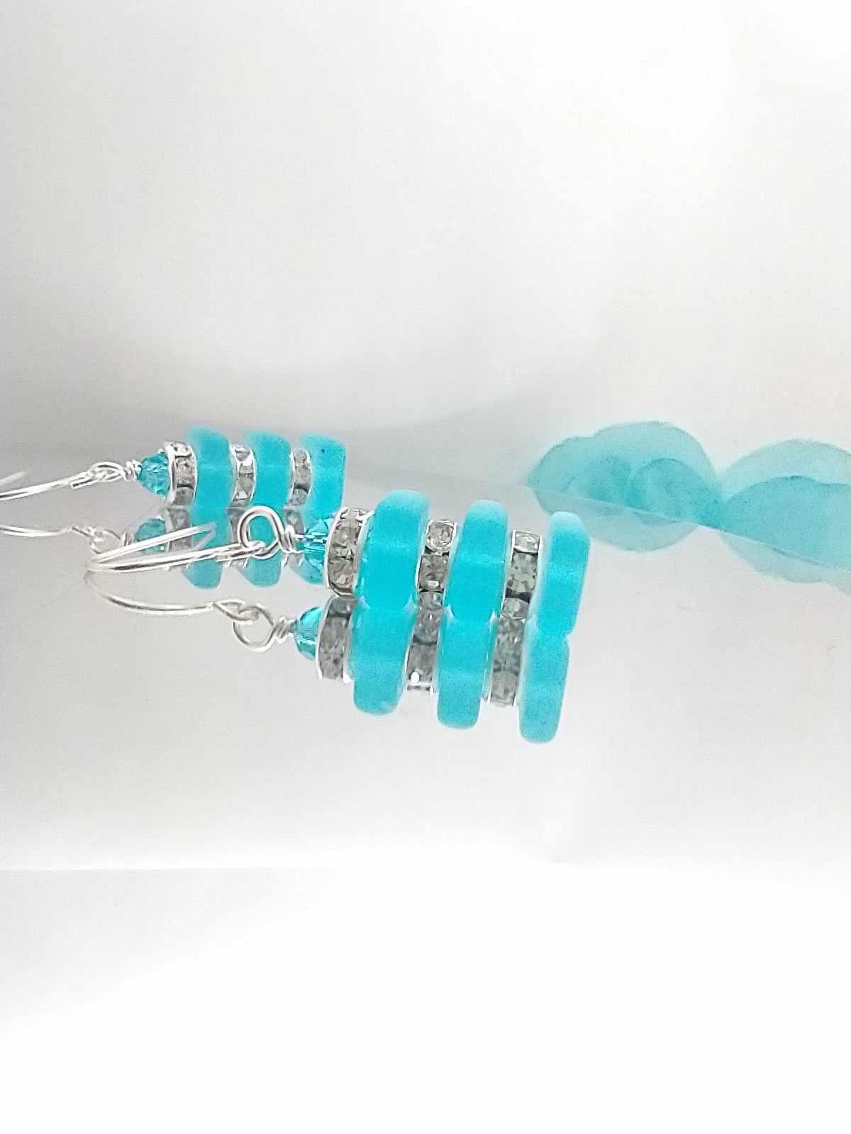 Blue Sea Glass Dangle Earrings: Crystal Accent Silver Jewelry
