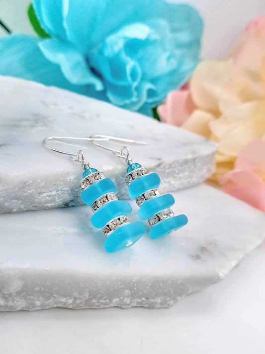 Blue Sea Glass Dangle Earrings: Crystal Accent Silver Jewelry