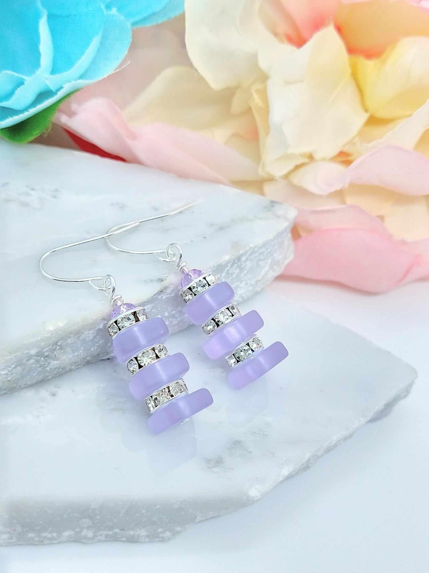 Purple Sea Glass Dangle Earrings: Silver Crystal Accent Jewelry