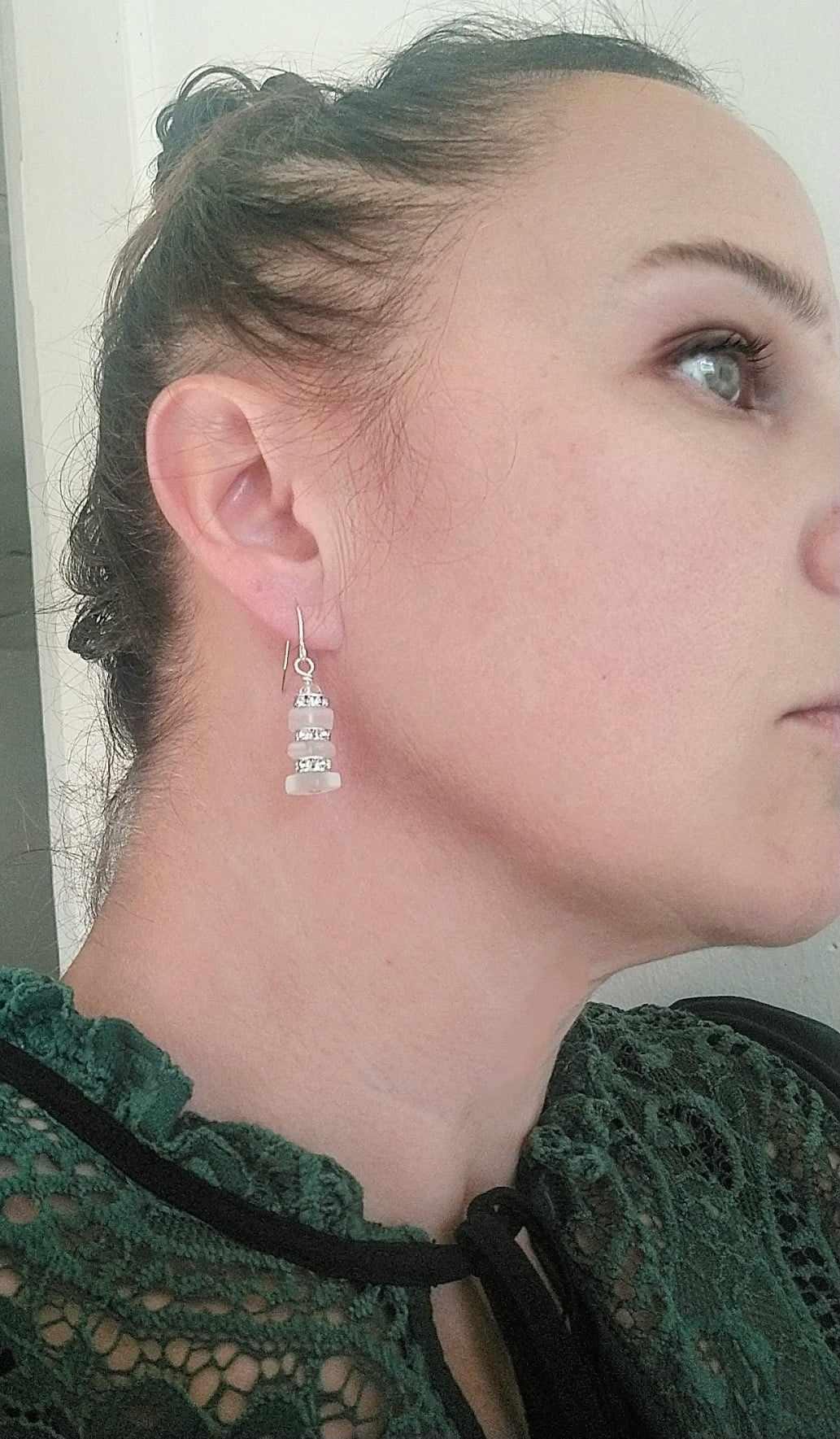 White Sea Glass Dangle Earrings: Silver Rhinestone Accent Jewelry