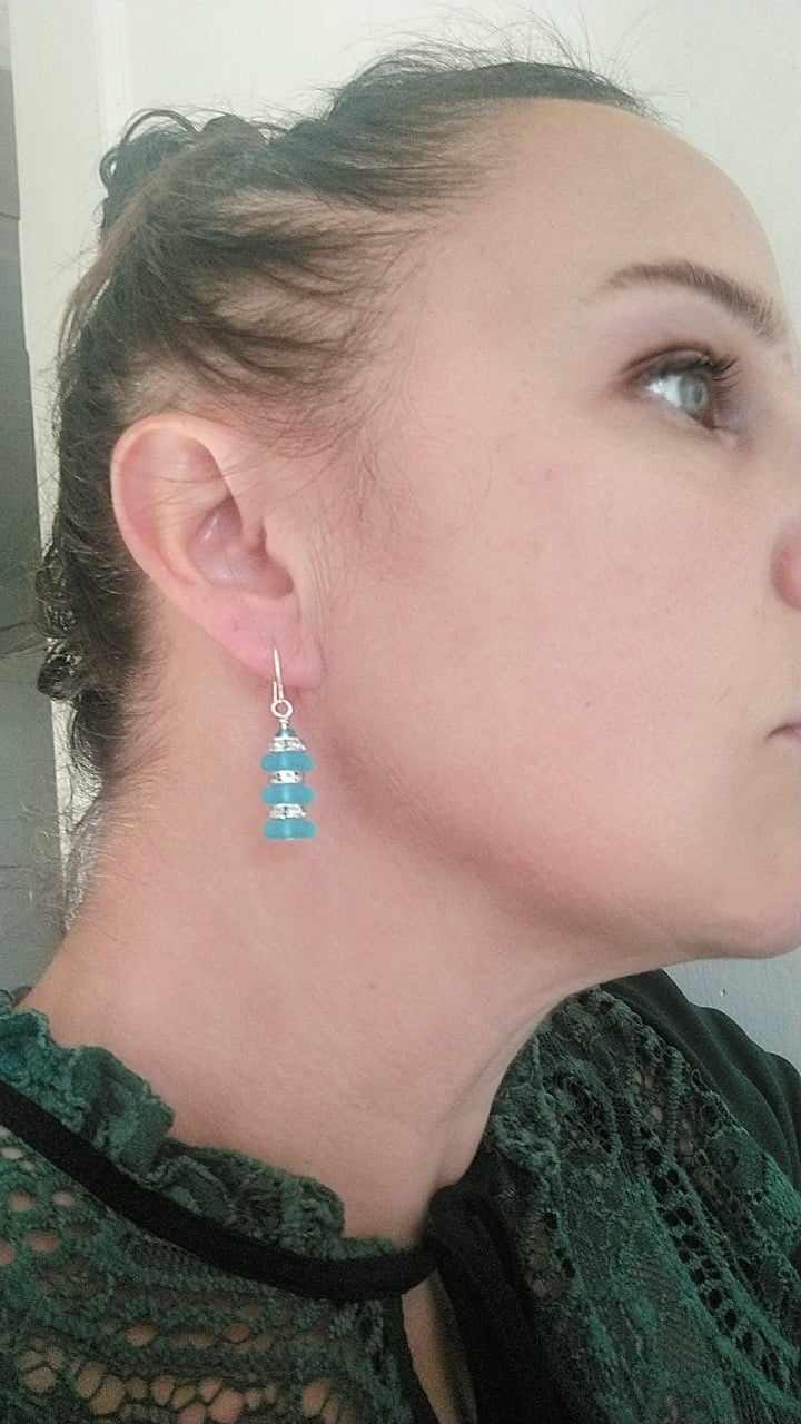 Blue Sea Glass Dangle Earrings: Crystal Accent Silver Jewelry