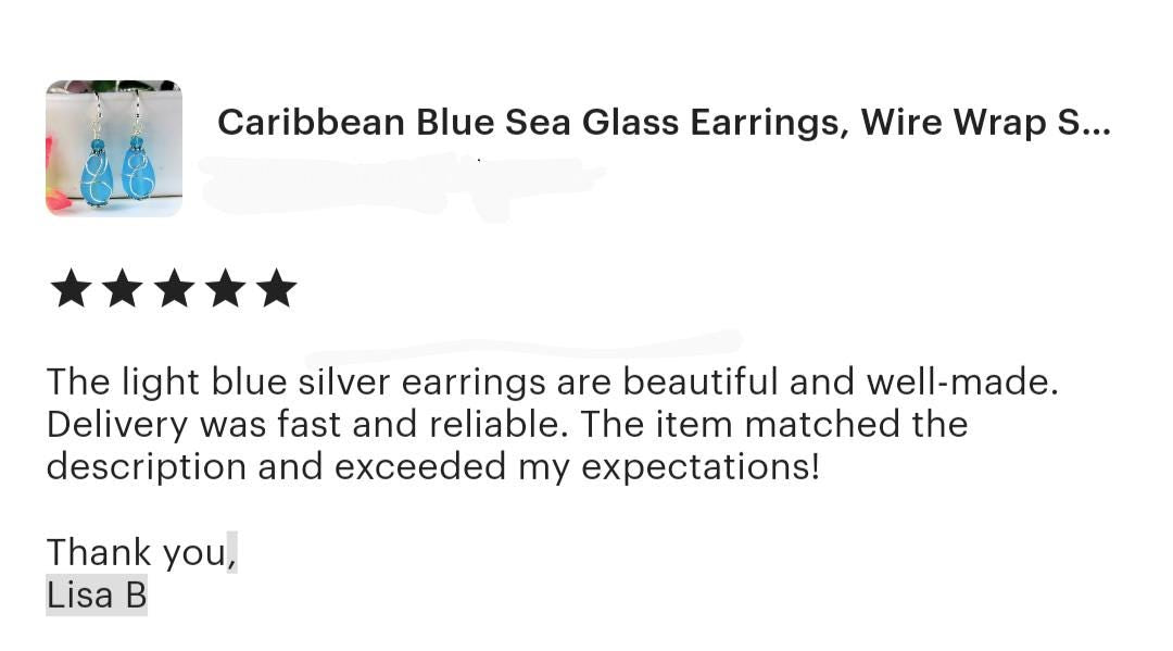 Caribbean Blue Sea Glass Earrings, Wire Wrap Sea Foam Sea Glass Earrings, Tear Drop Dangling Ear Rings, Christmas Gift