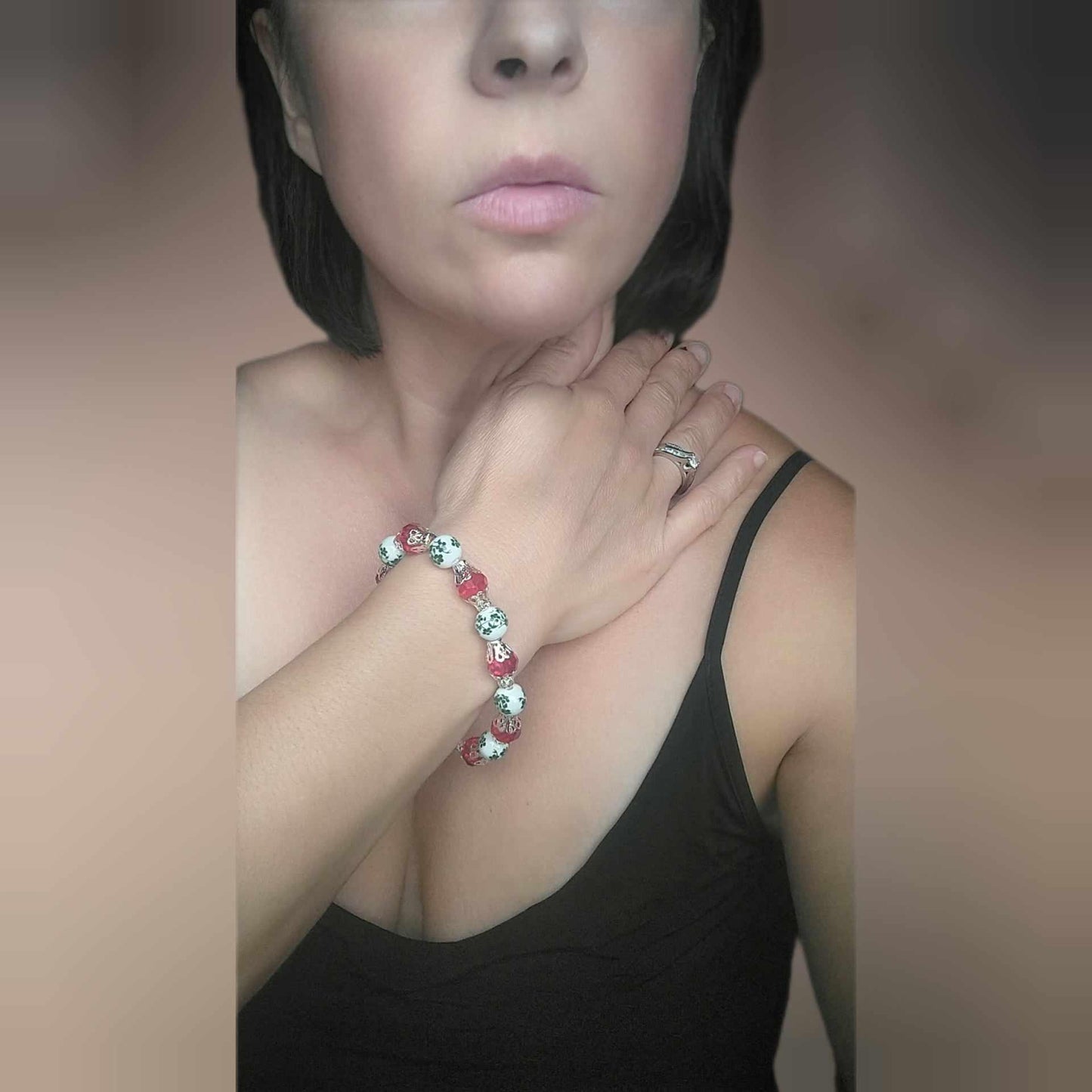 Handcrafted Floral Beaded Stretch Bracelet: Red Crystal & Silver-Plated