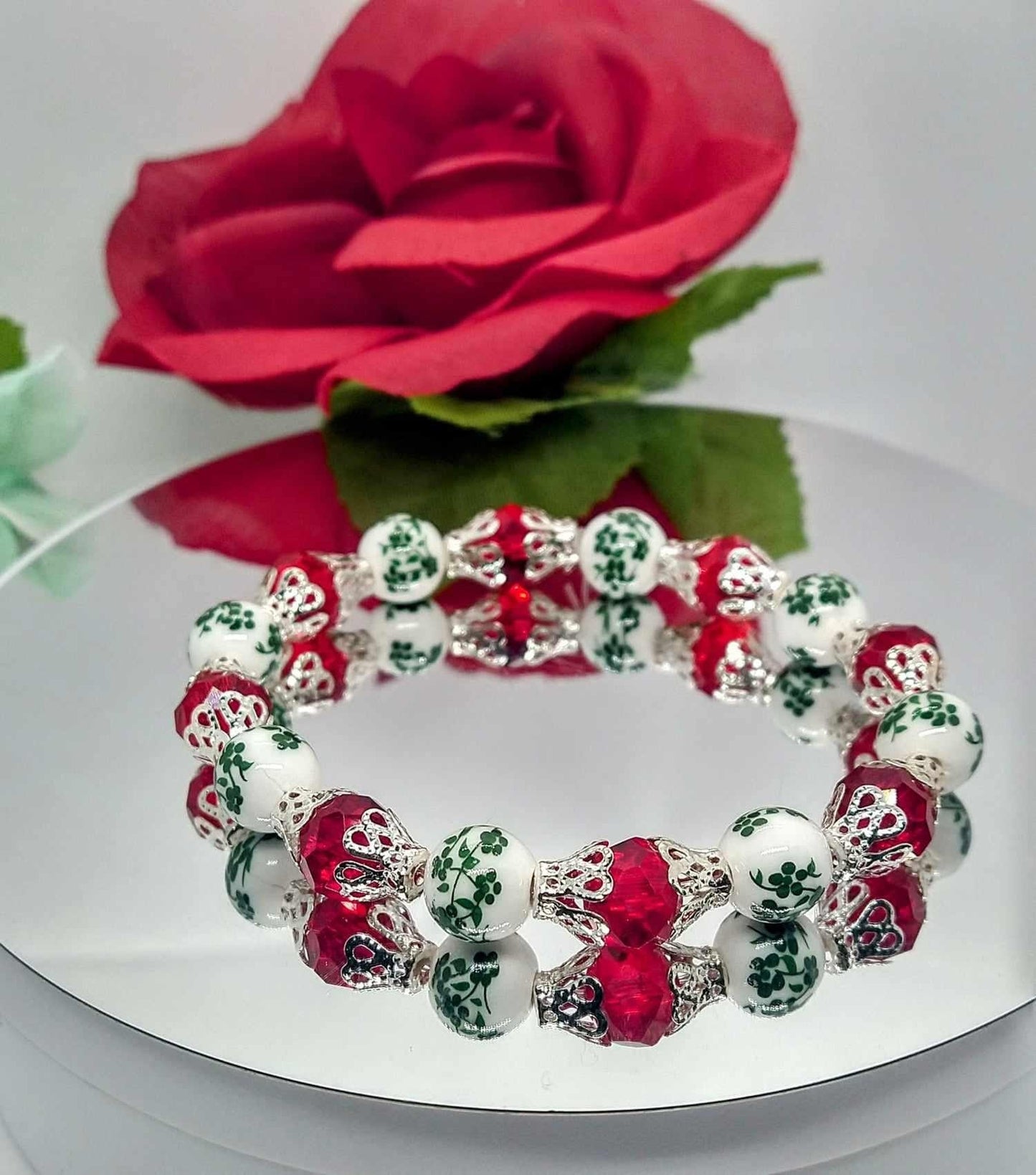 Handcrafted Floral Beaded Stretch Bracelet: Red Crystal & Silver-Plated