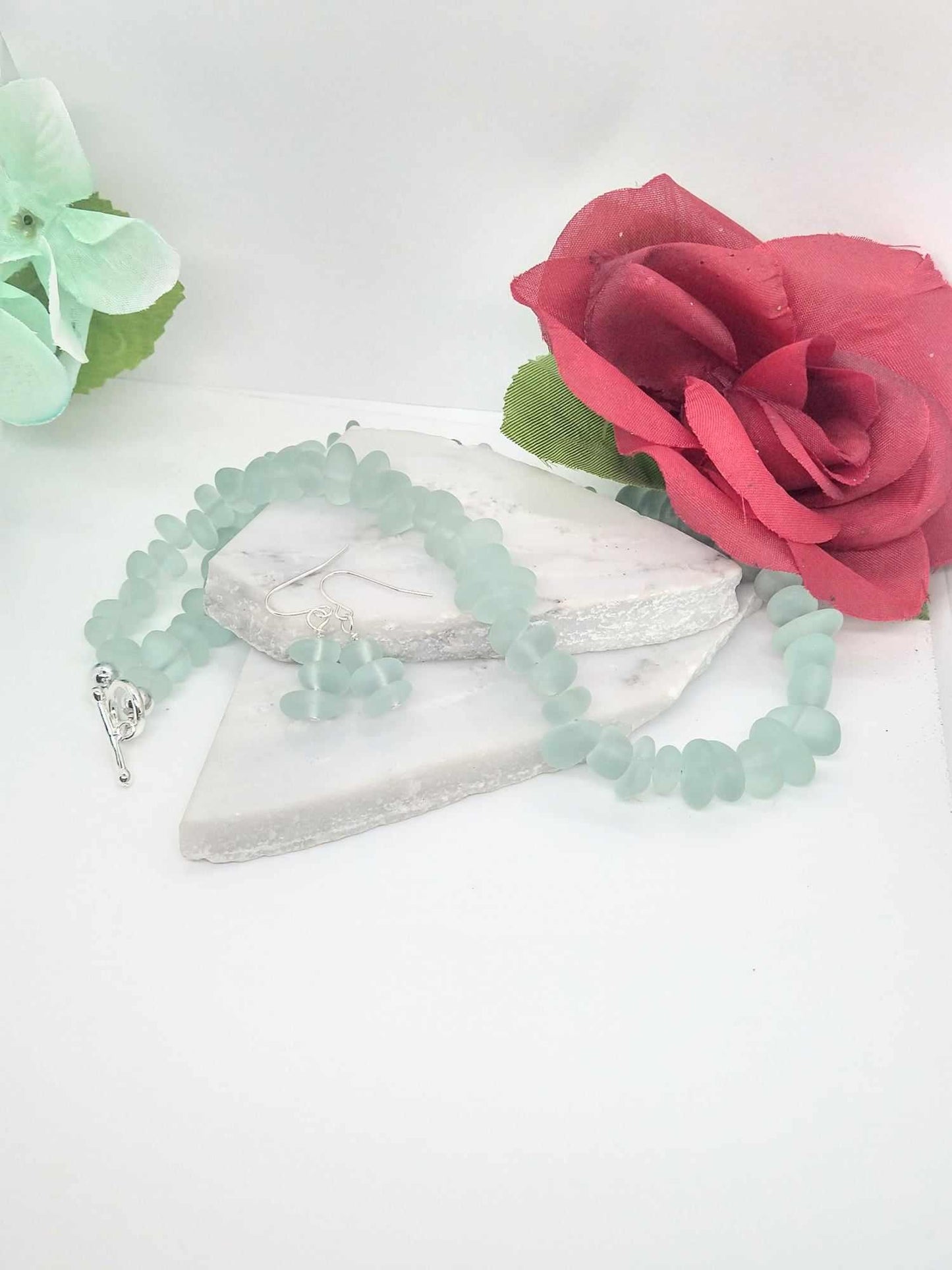 Aqua Blue Sea Glass Beach Strand Silver Necklace + Earring SET Beach Fashion Beach Lover's Gift Beach Wedding Gift For Her Christmas Gift
