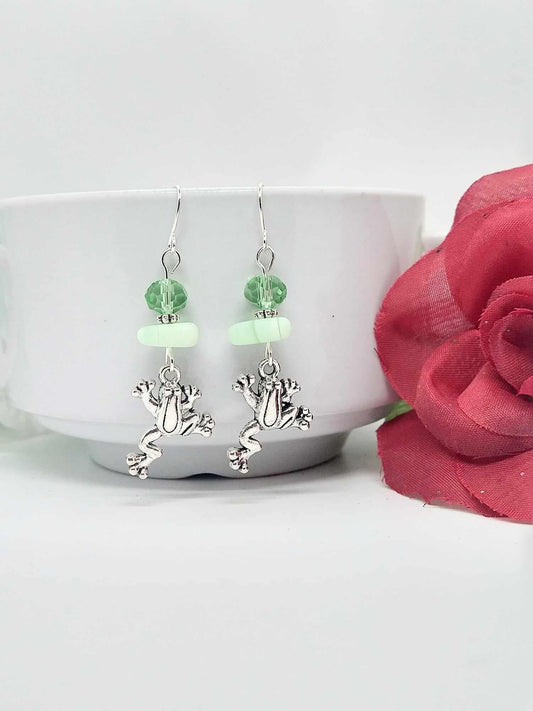 Green Glass Stainless Steel Frog Charm Silver Dangle Earrings Gifts For Her Nature Lover