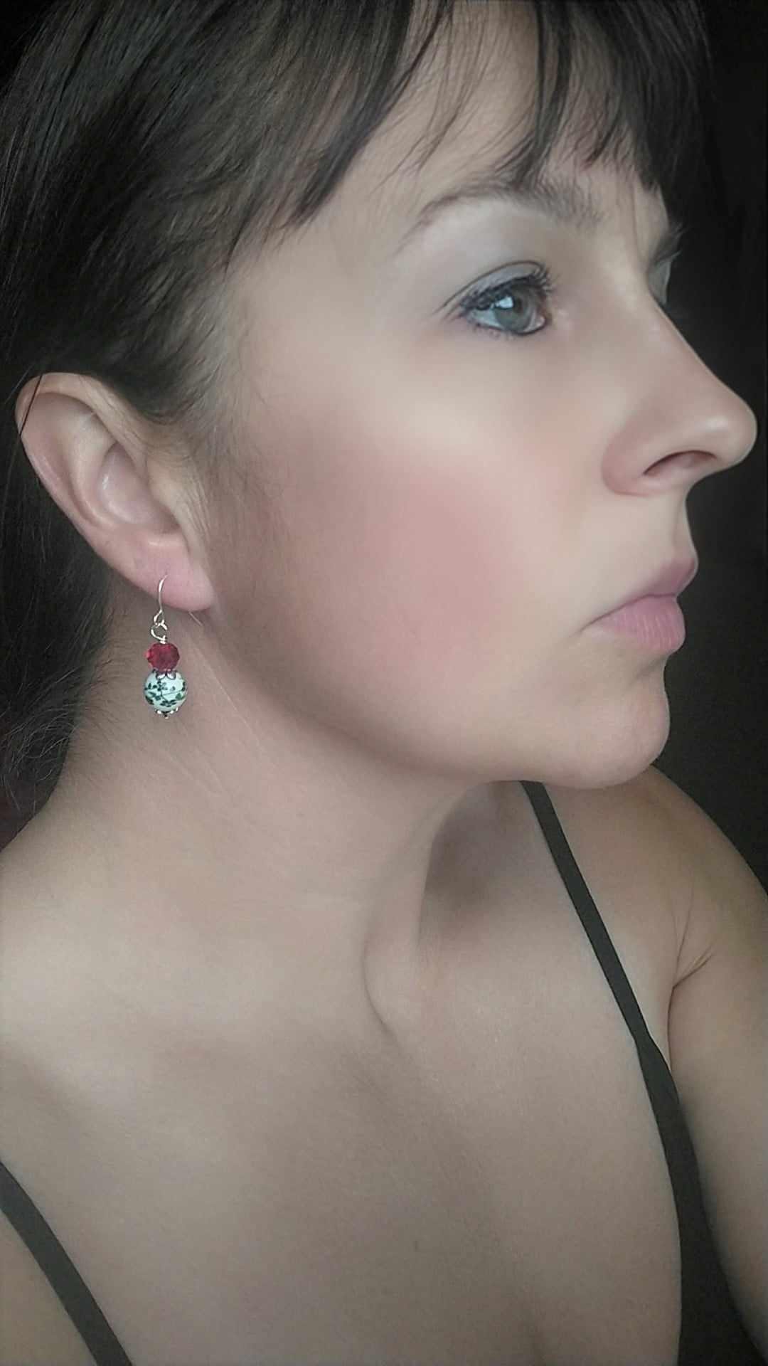 Red Floral Christmas Earrings: Silver Plated Dangle Earrings