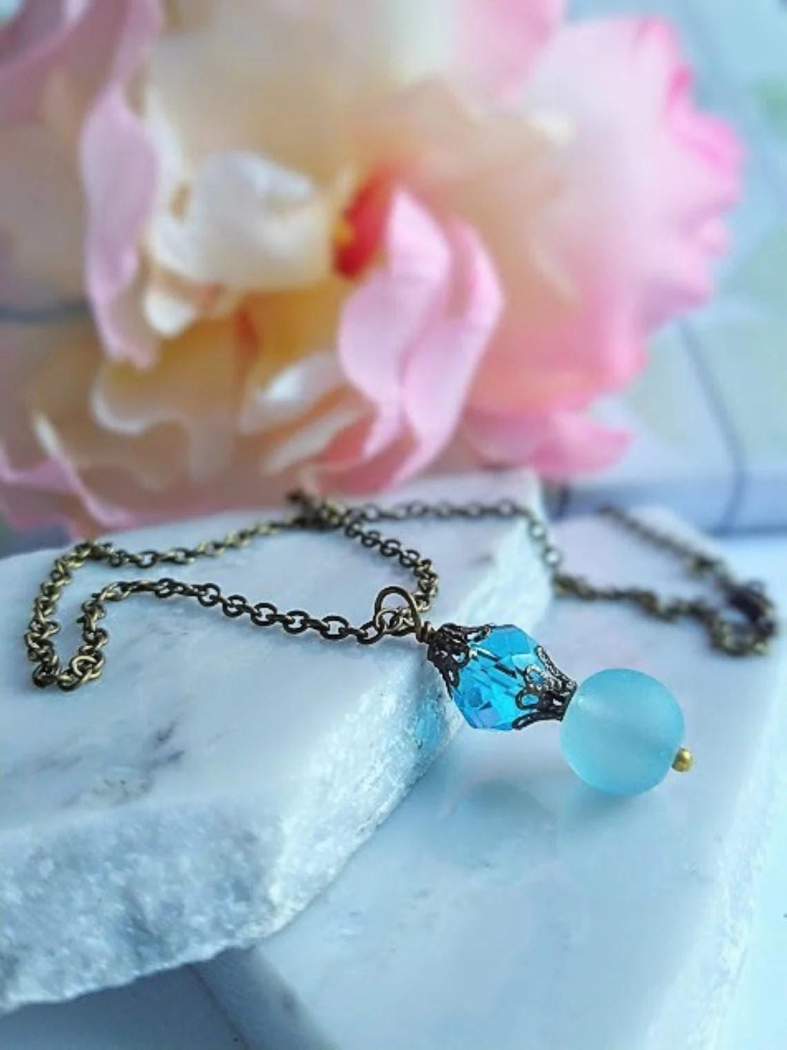 Blue Sea Glass Dangle Earrings: Brass Drop Earrings, Bridal Gift