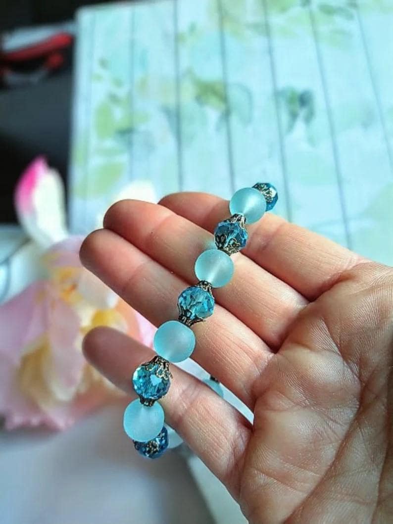 Blue Sea Glass Bracelet, Antique Brass, Frosted Glass Beads