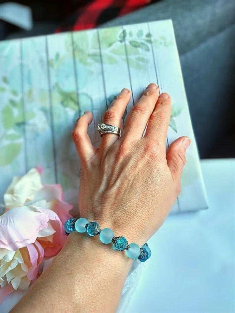 Blue Sea Glass Stretch Bracelet, Antique Brass Bracelet, Blue Stone Healing Bracelet, Blue Bridal Bracelet, Gift For Her
