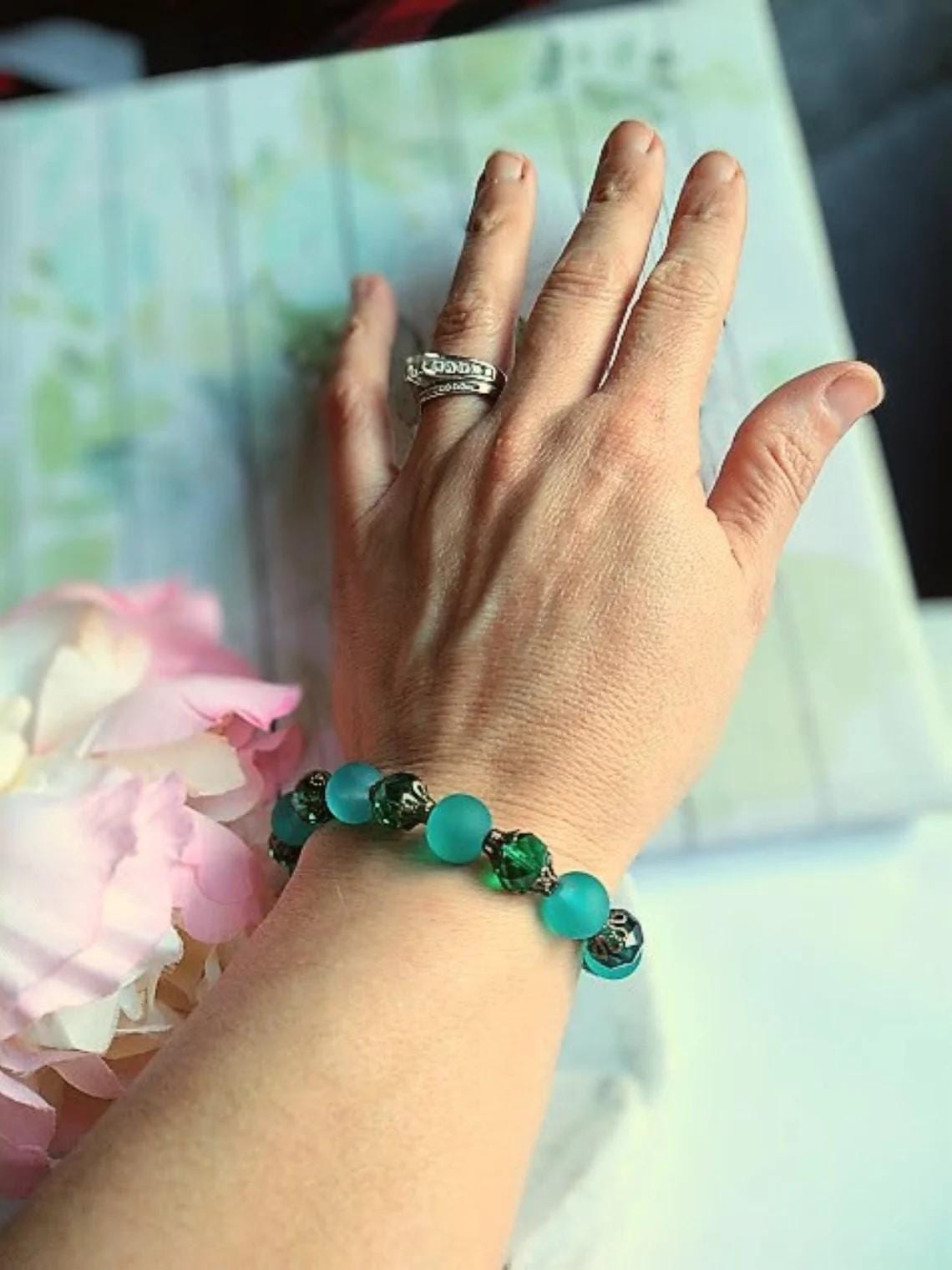 Teal Sea Glass Stretch Bracelet: Brass Bead Caps, Gemstone Jewelry