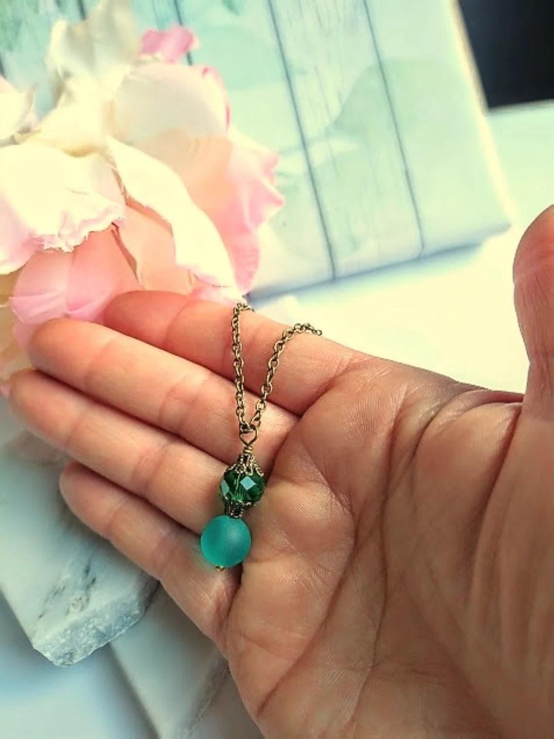 Teal Blue Sea Glass Jewelry Set: Dangle Earrings, Stretch Bracelet, Necklace