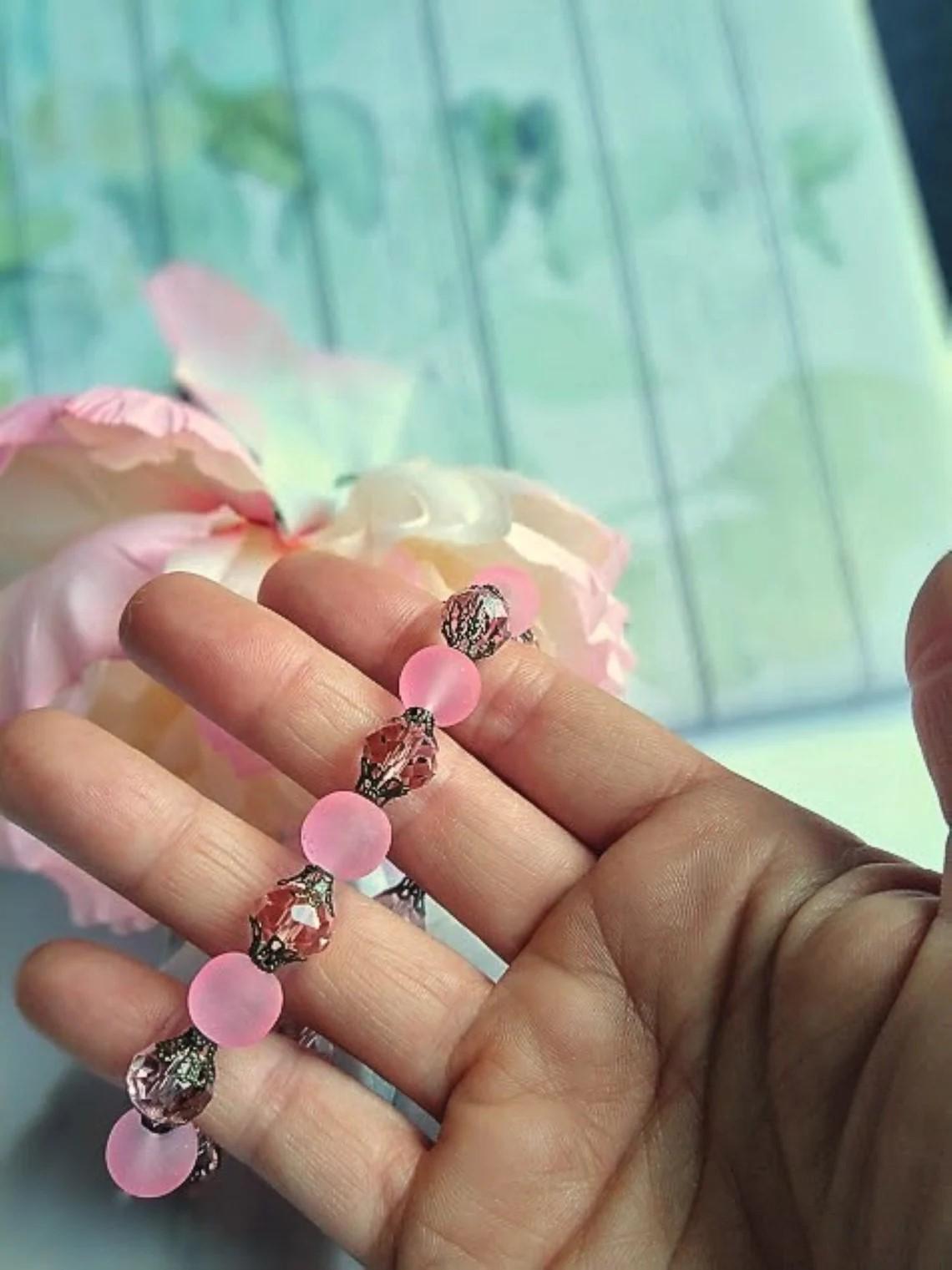 Pink Sea Glass Stretch Bracelet: Antique Brass Bridal Jewelry