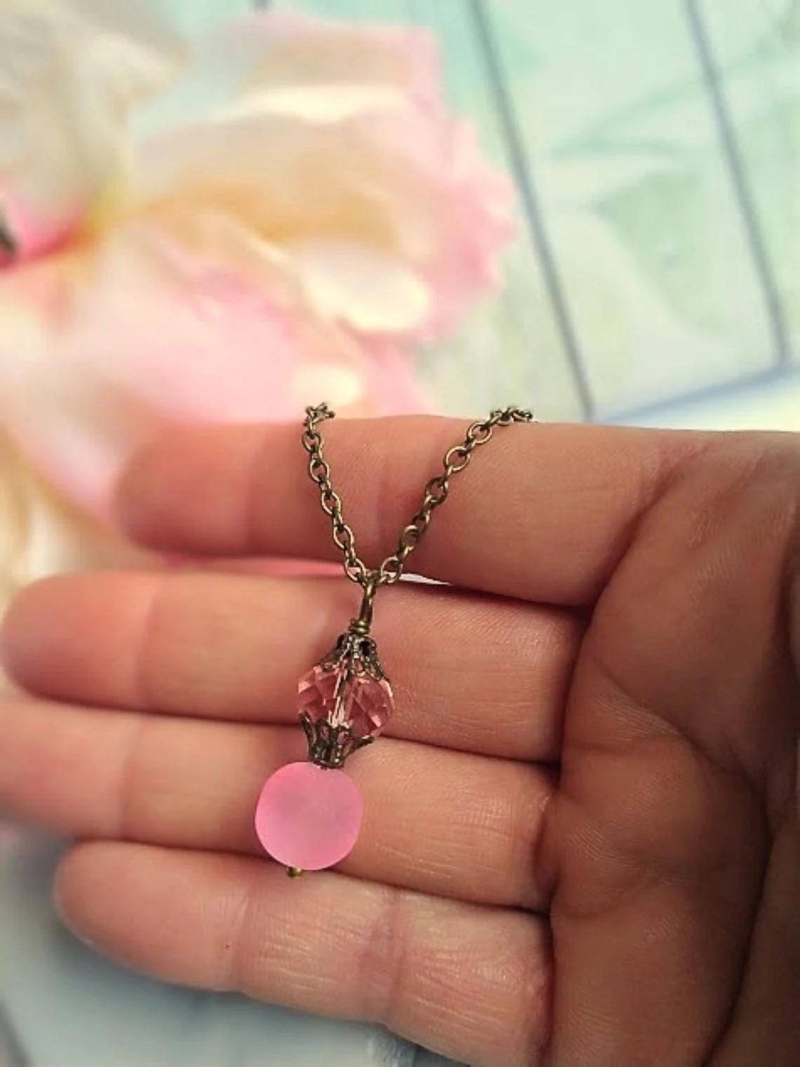 Minimalist Pink Gemstone Dangle Earrings Set with Stretch Bracelet and Chain Necklace Gift For Her