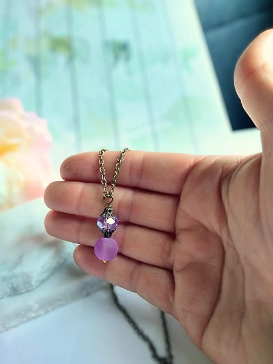 Purple Sea Glass Necklace: Dainty Brass Chain, Frosted Bead Pendant