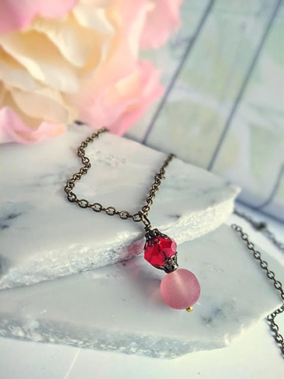 Red Sea Glass Necklace, Dainty Chain Necklace, Small Red Stone Drop Pendant Charm Necklace, Gift For Her