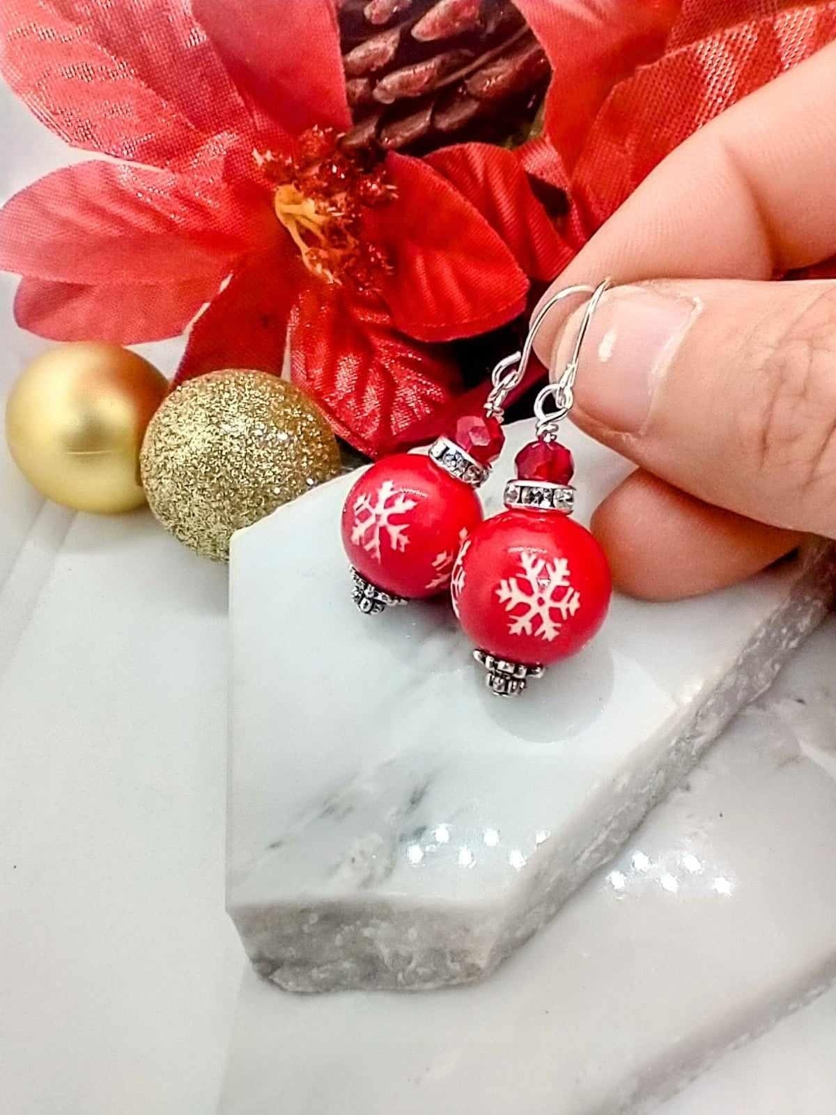 Christmas Snowflake Dangle Earrings: Red Holiday Jewelry