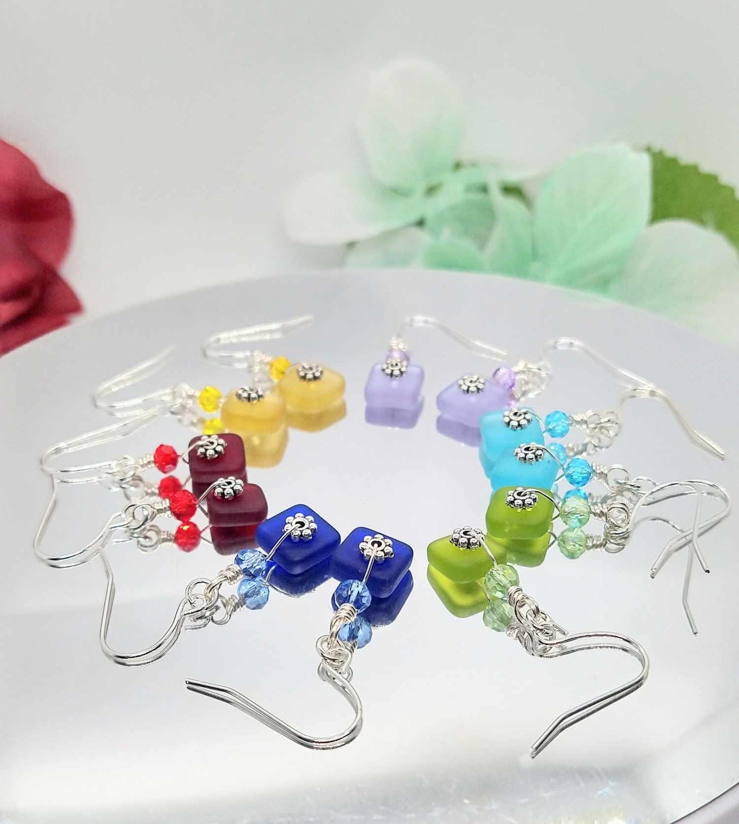 Minimalist Seaglass Dangle Earrings in Sterling Silver - Gift For Her Dainty Dangles Beach Inspired Jewelry Small Drop Stud Hoops