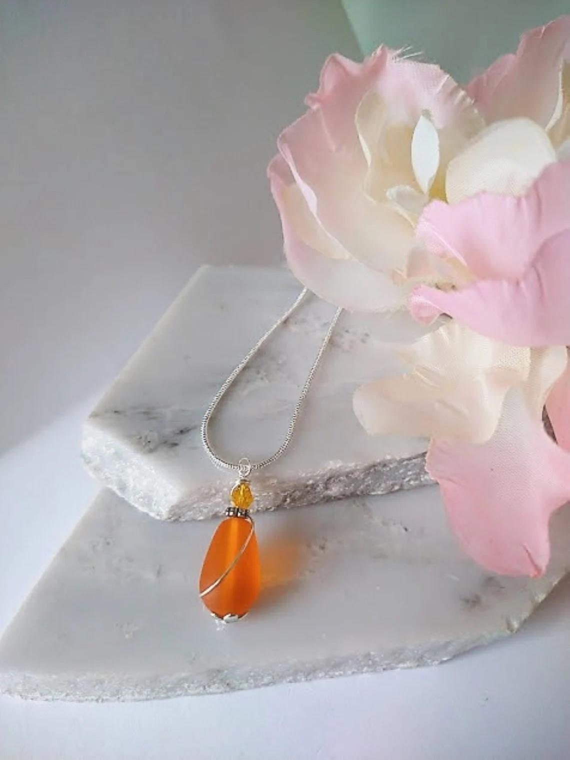 Orange Sea Glass Necklace, Wire Wrap Jewelry Birthday Gifts Tear Drop Dangle Pendant Eco & Allergy Free Beachy Jewelry