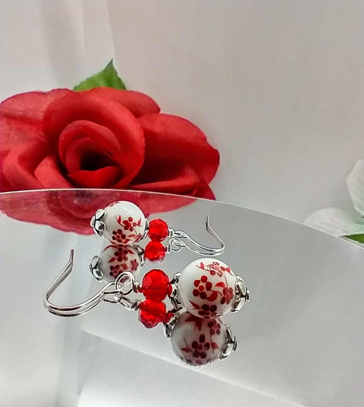 Red Floral Christmas Earrings | Handmade Ceramic Dangle Jewelry