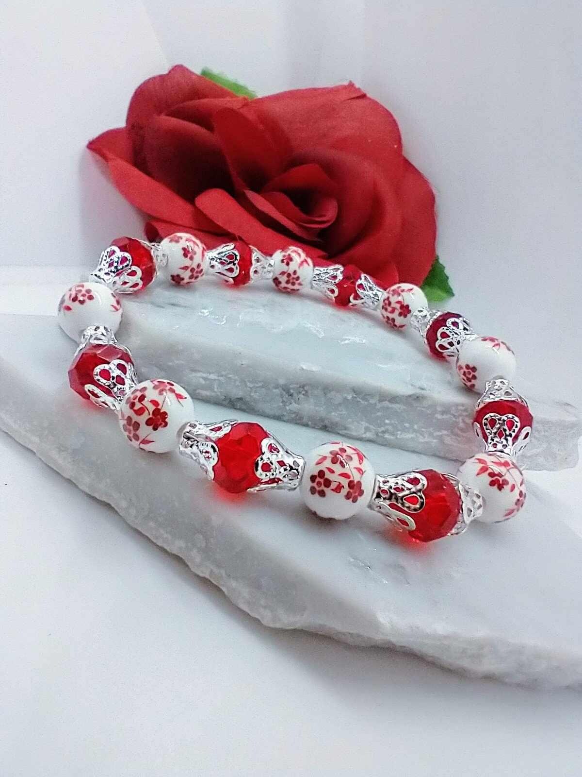 Red Floral Beaded Stretch Bracelet: Silver Plated Flower Jewelry