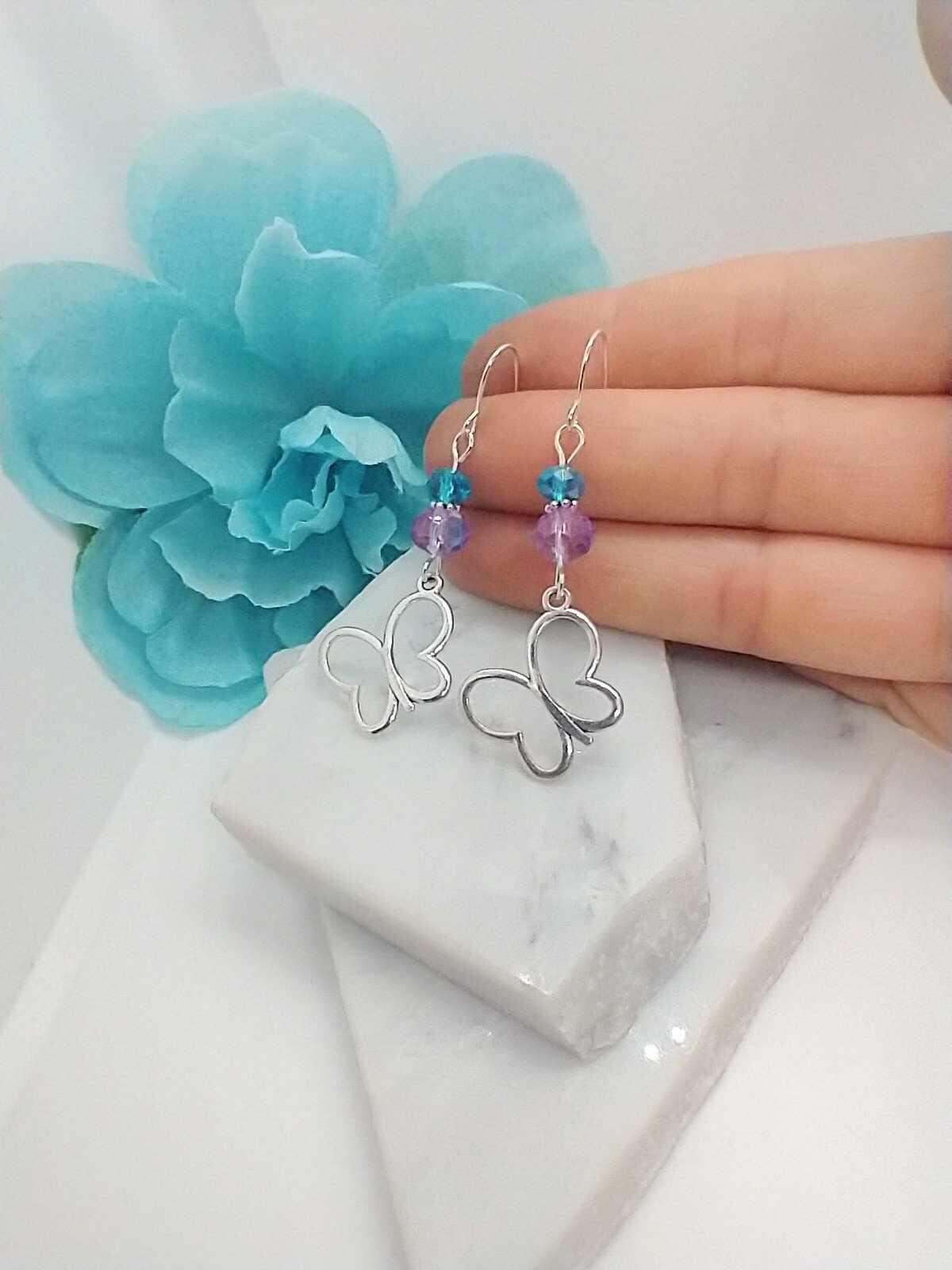 Sterling Silver Butterfly Dangle Earrings: Glass Bead Whimsical Jewelry