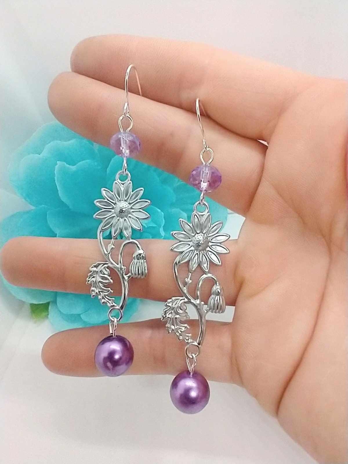 Silver Floral Dangle Earrings: Handmade Purple Pearl Boho Jewelry