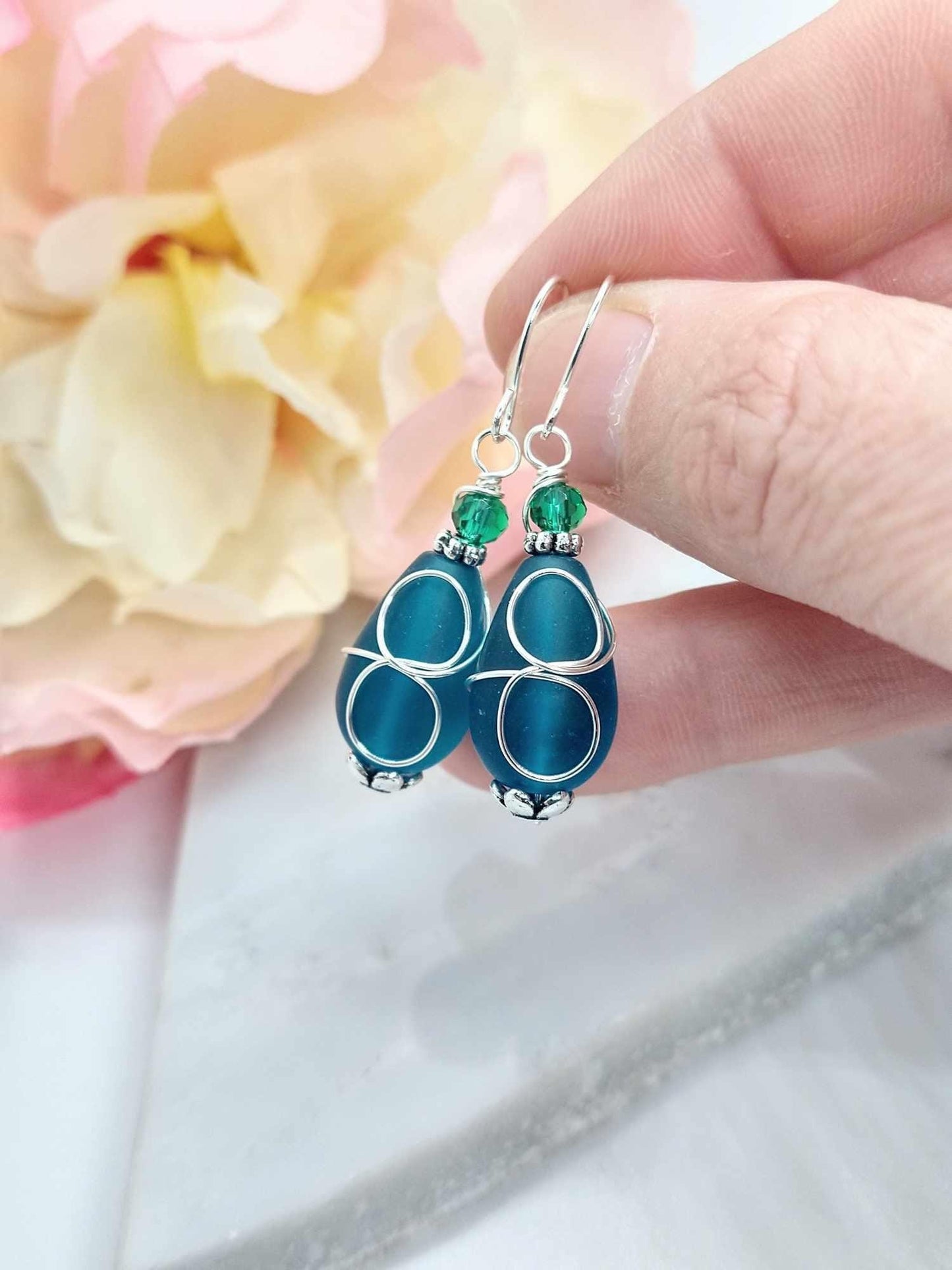 Teardrop Blue Frosted Seaglass Glass Earrings Everyday Wedding Sterling Silver Dangle Bridal Anniversary Gift Earrings Unique Jewelry