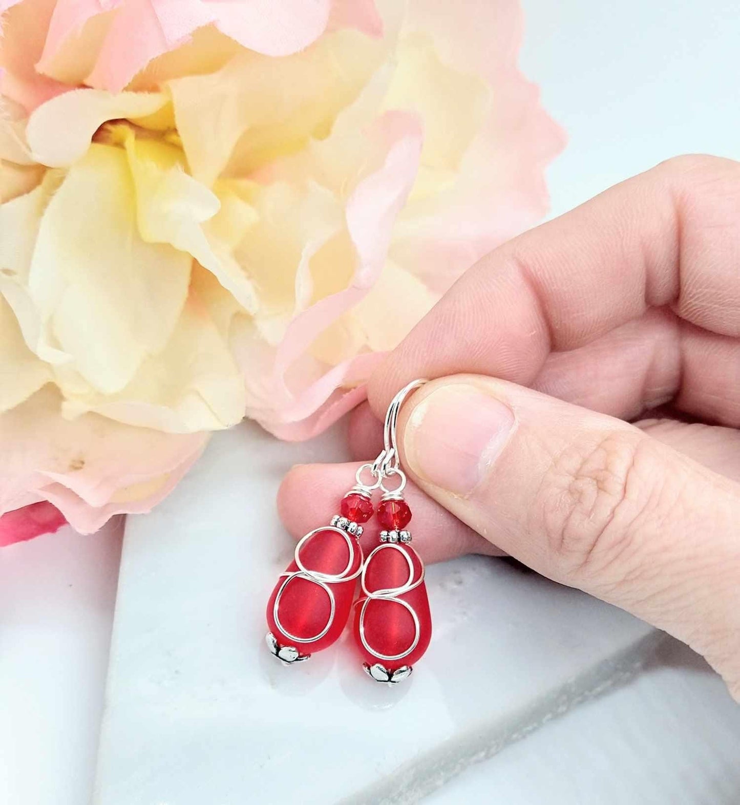 Red Seaglass Teardrop Earrings: Sterling Silver Dangle, Wedding Jewelry