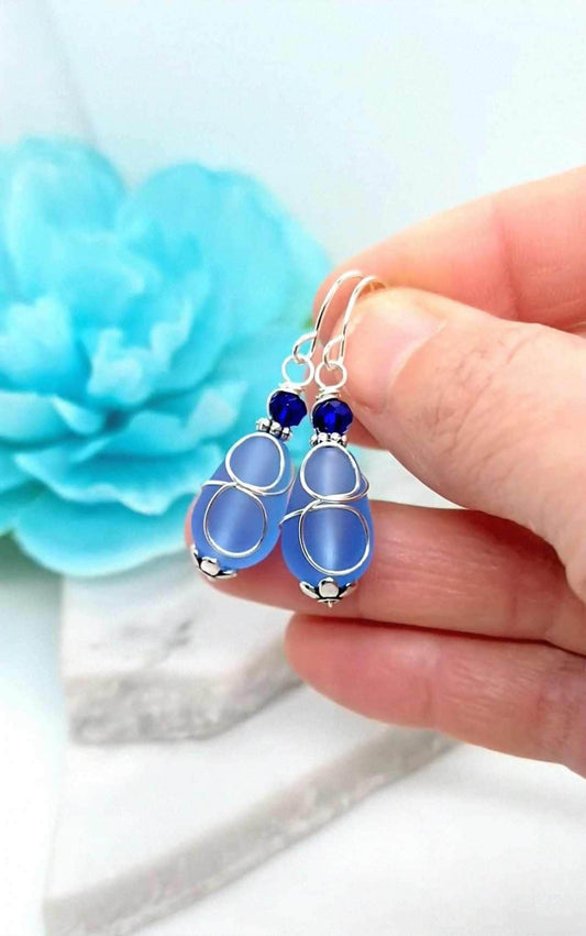 Handmade Teardrop Blue Seaglass Earrings Everyday Wedding Sterling Silver Dangle Bridal Anniversary Gift Earrings Unique Jewelry Beachy Gift