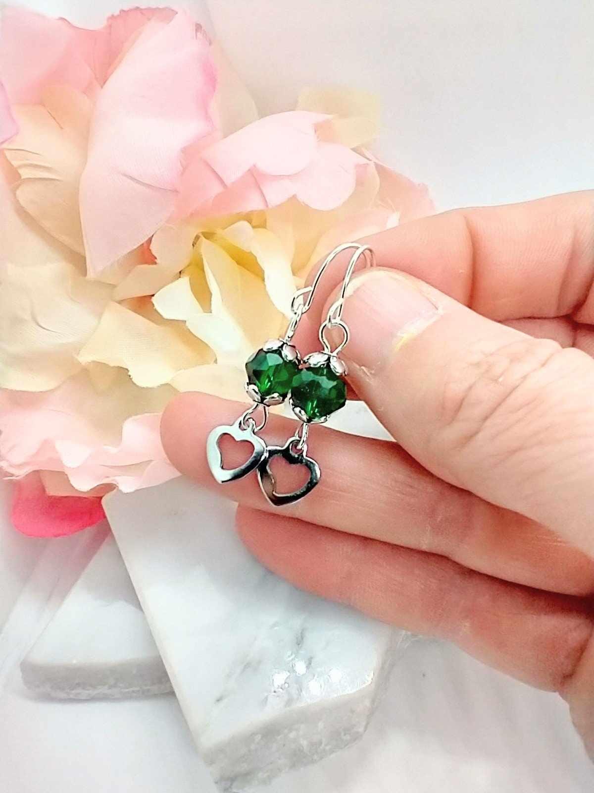 Dangle Heart Earrings: Sterling Silver, Glass Bead, Stainless Steel Charm