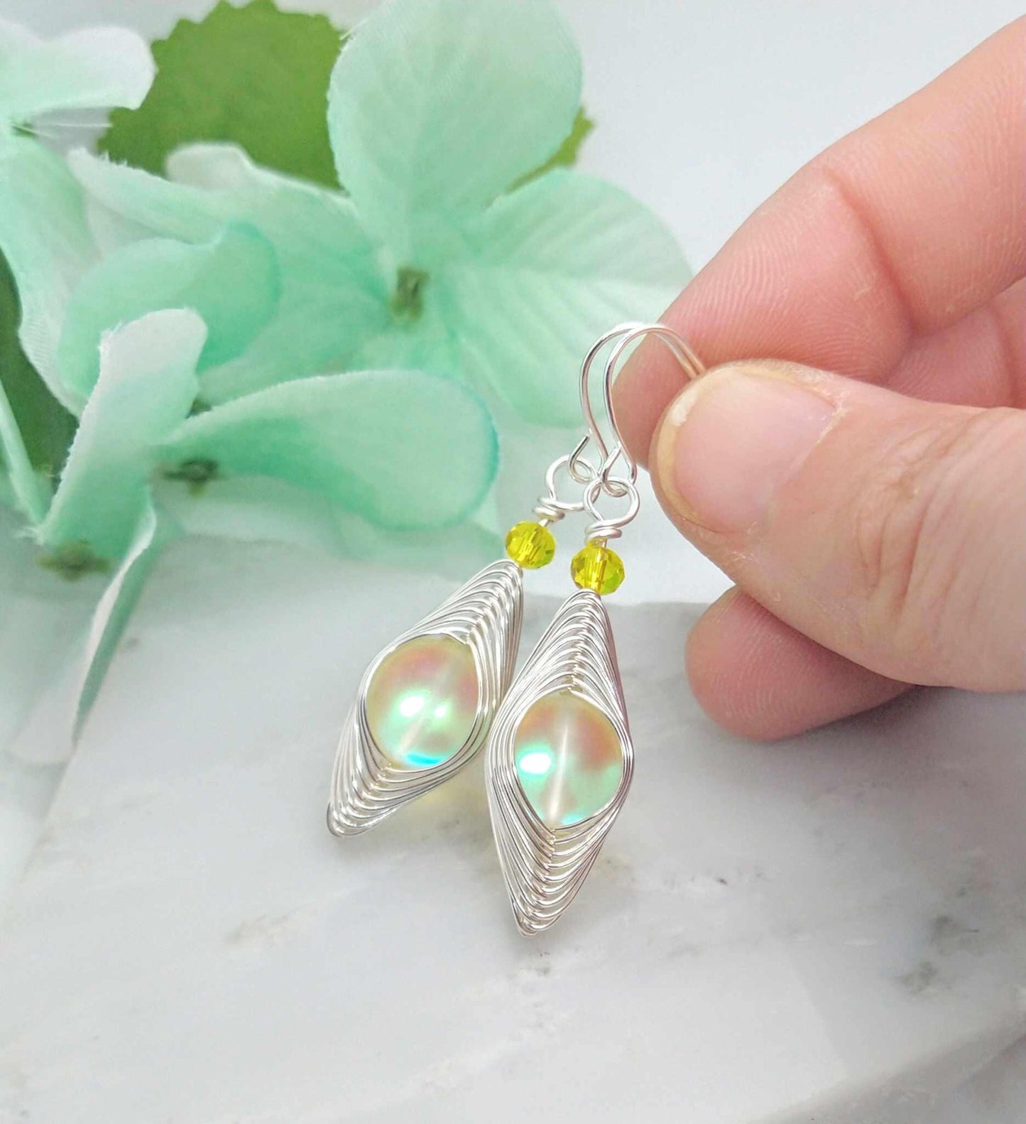 Blue Mermaid Glass Earrings: Silver Wire Wrapped Dangle Earrings
