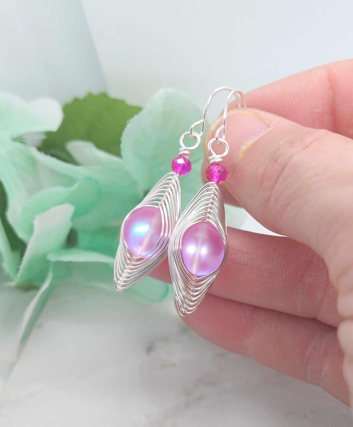 Blue Mermaid Glass Earrings: Silver Wire Wrapped Dangle Earrings