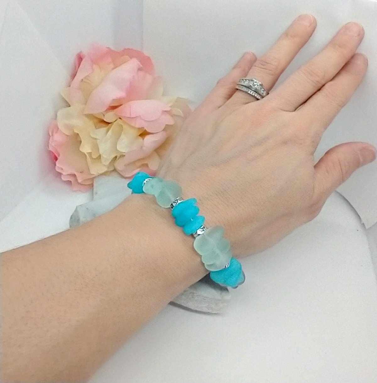 Aqua & Sky Blue Sea Glass Beach Strand Silver Bracelet Beach Lover's Gift Beach Wedding Gift For Her Minimalist Bracelet Bridal Jewelry