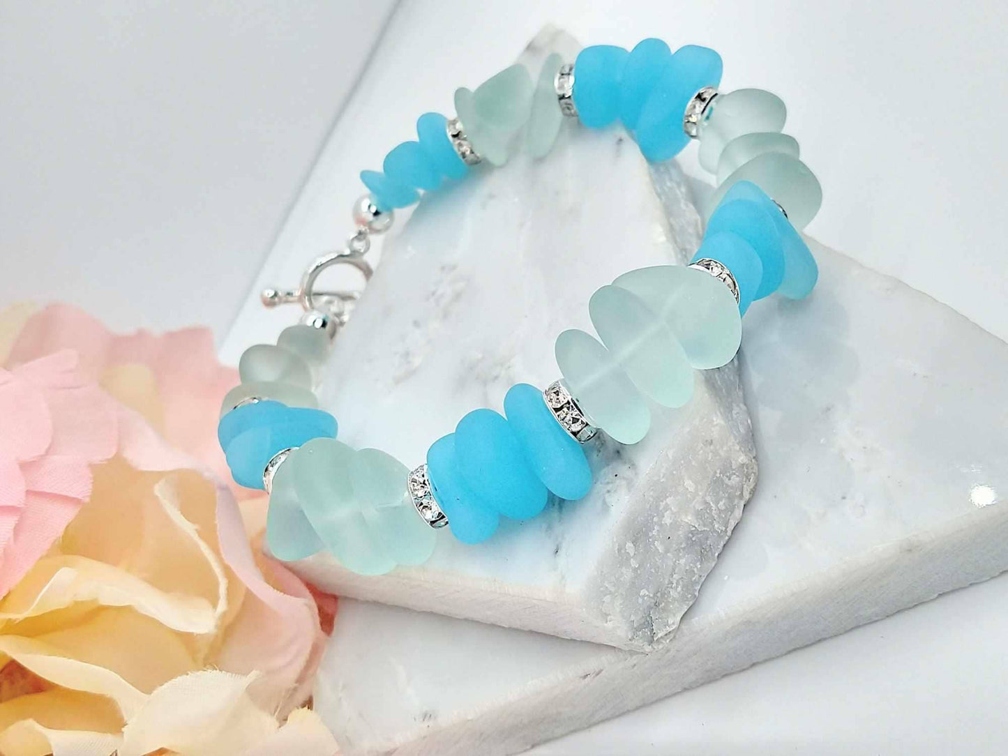 Aqua Sea Glass Bracelet: Frosted Blue Crystal Chain, Silver Clasp