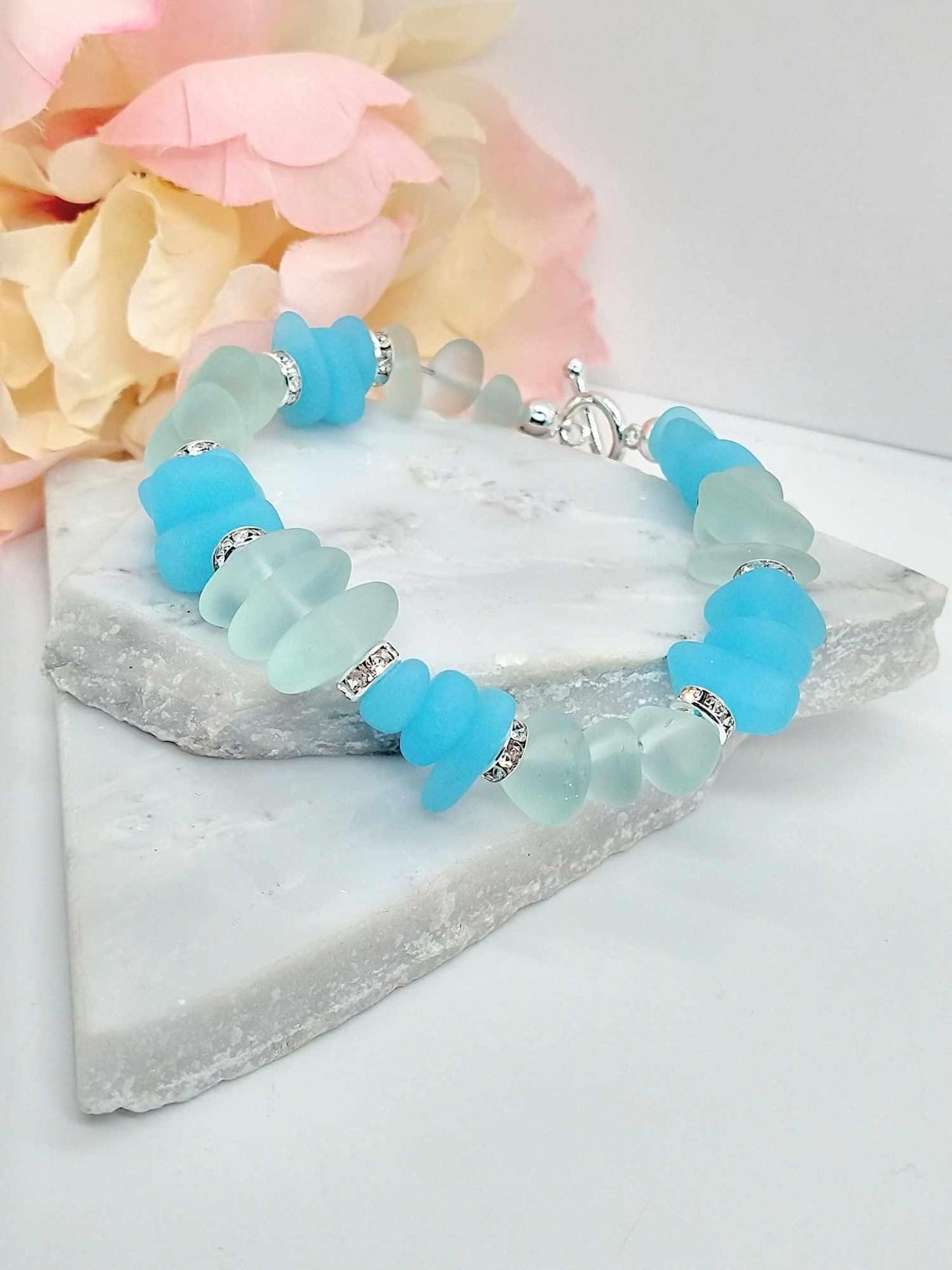 Aqua Sea Glass Bracelet: Frosted Blue Crystal Chain, Silver Clasp