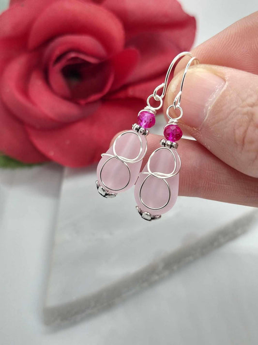 Pink Sea Glass Earrings, Sterling Silver Dangles, Teardrop Earrings, Hypoallergenic Earrings, Birthday Gift Ideas For Her, Bridal Earring