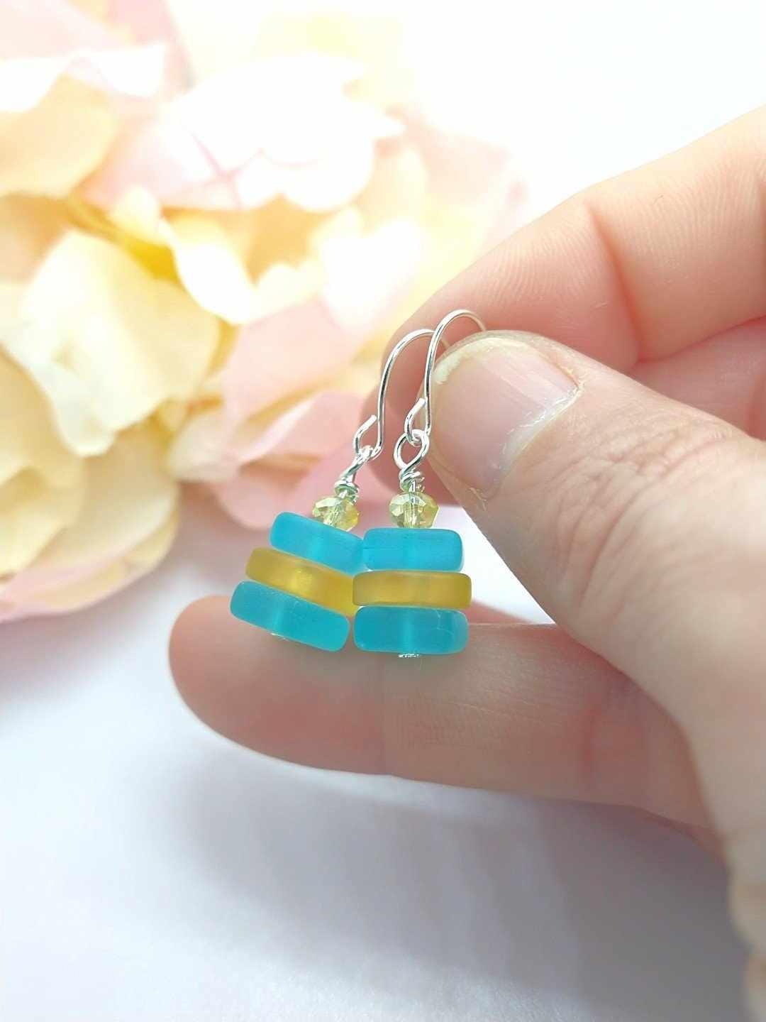 Sea Glass Earrings Beach Dangle Ocean Lover Gift Minimalist Dainty Gift For Her Sterling Silver Handmade Jewelry Colorful Earrings Under 25