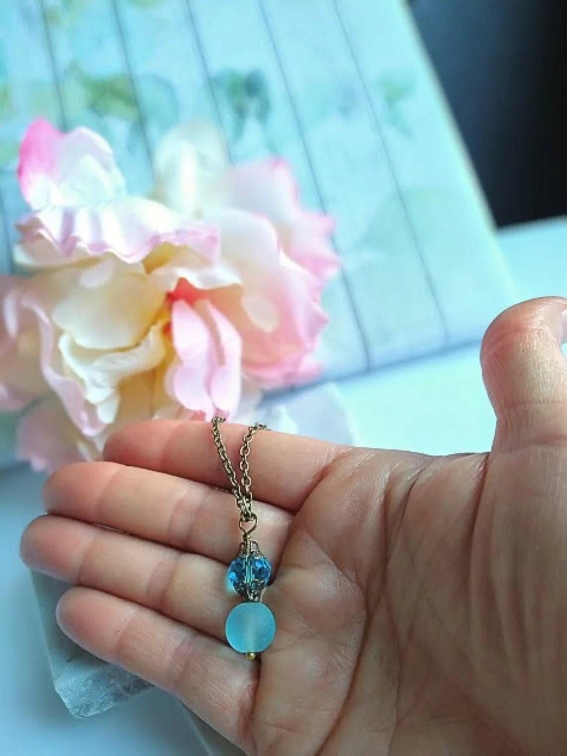 Blue Sea Glass Dangle Earrings: Brass Drop Earrings, Bridal Gift