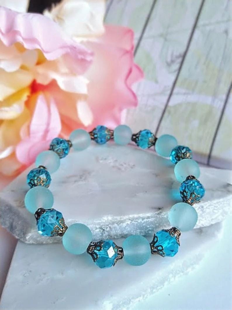 Blue Sea Glass Bracelet, Antique Brass, Frosted Glass Beads