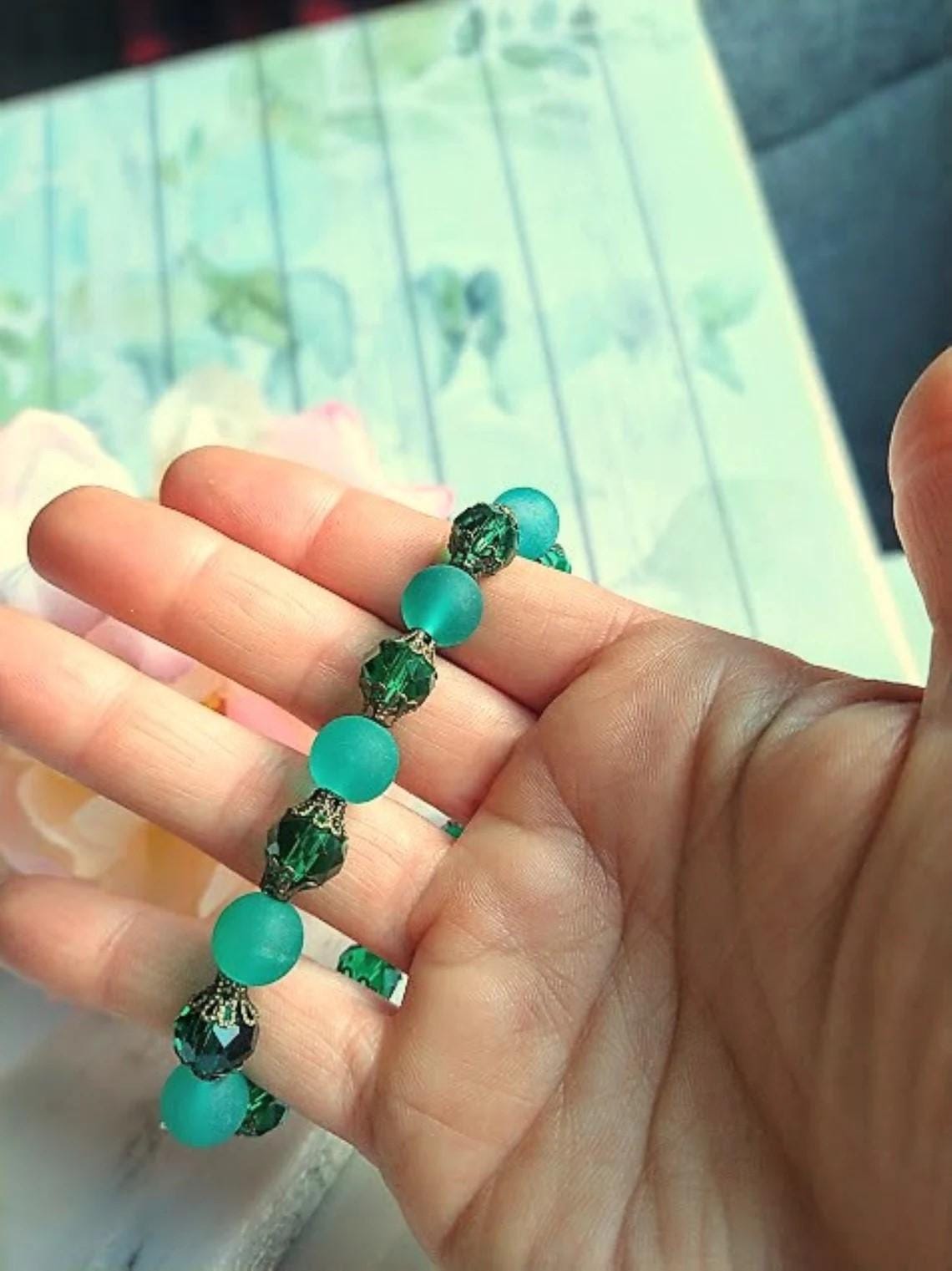 Teal Sea Glass Stretch Bracelet: Brass Bead Caps, Gemstone Jewelry