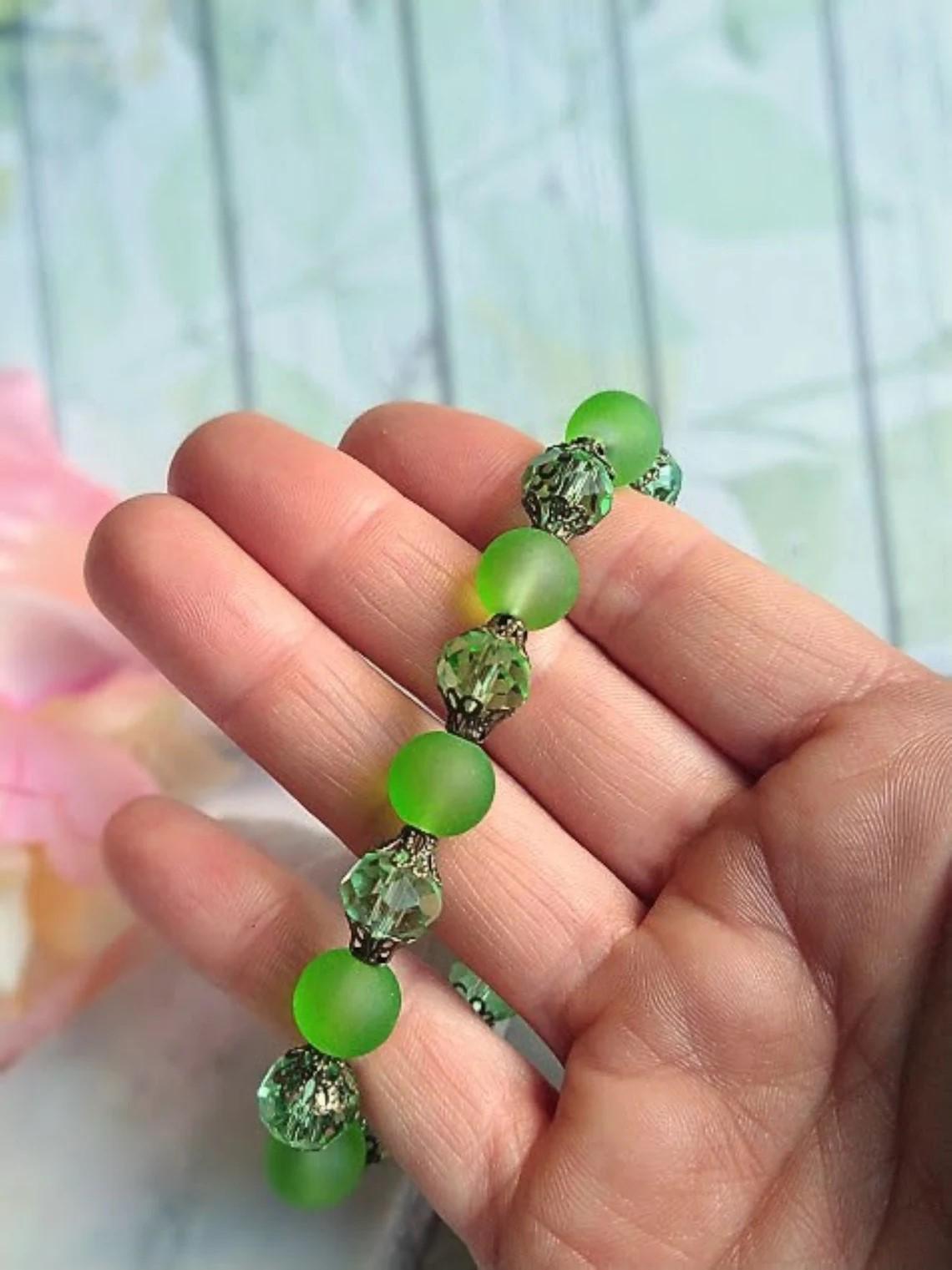 Green Sea Glass Stretch Bracelet: Antique Brass, Frosted Beads