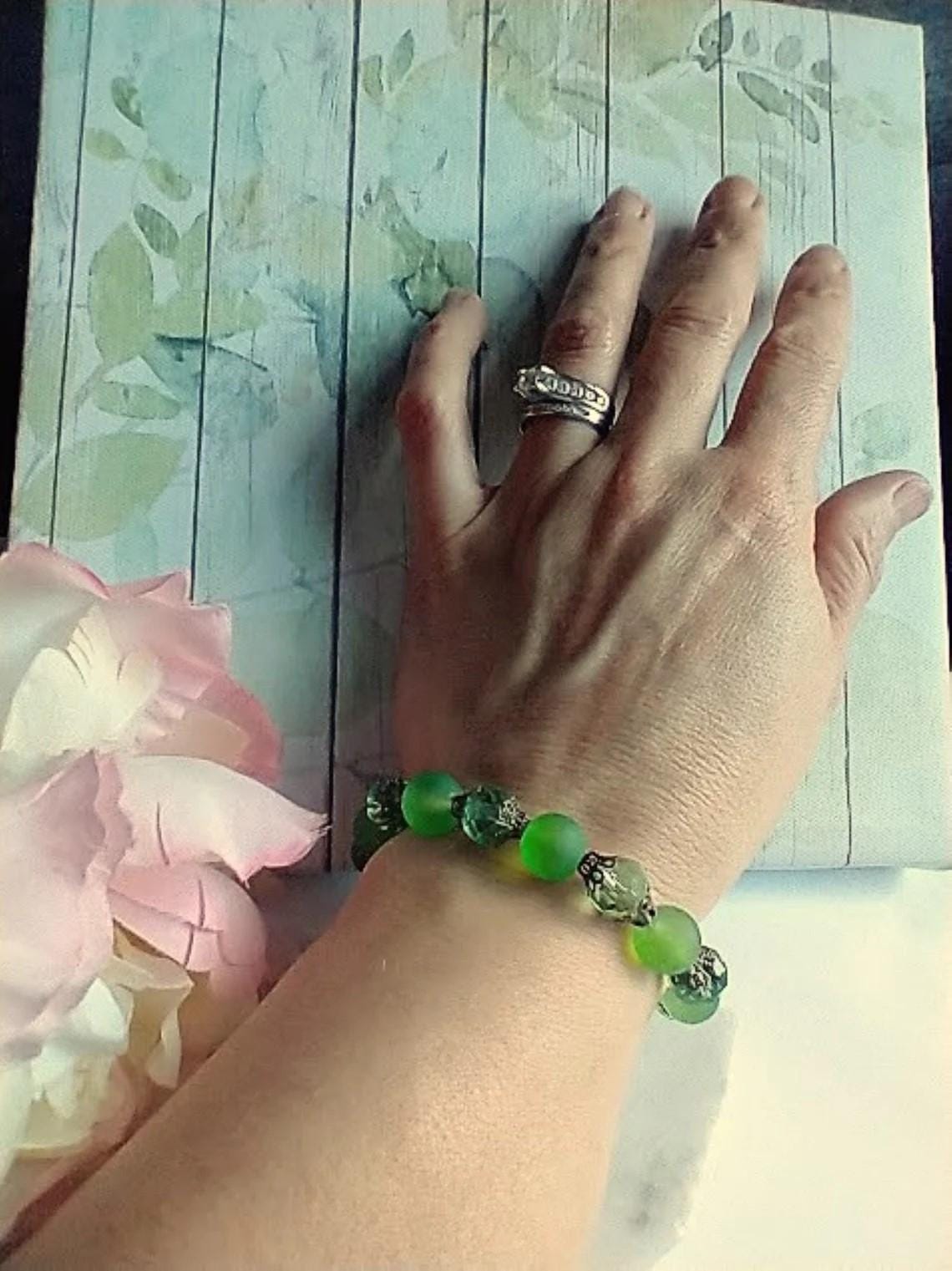 Green Stretch Bracelet & Earrings Set Dainty Gift for Her by Bad Apple Designs Vintage Gemstone Bridal Jewelry