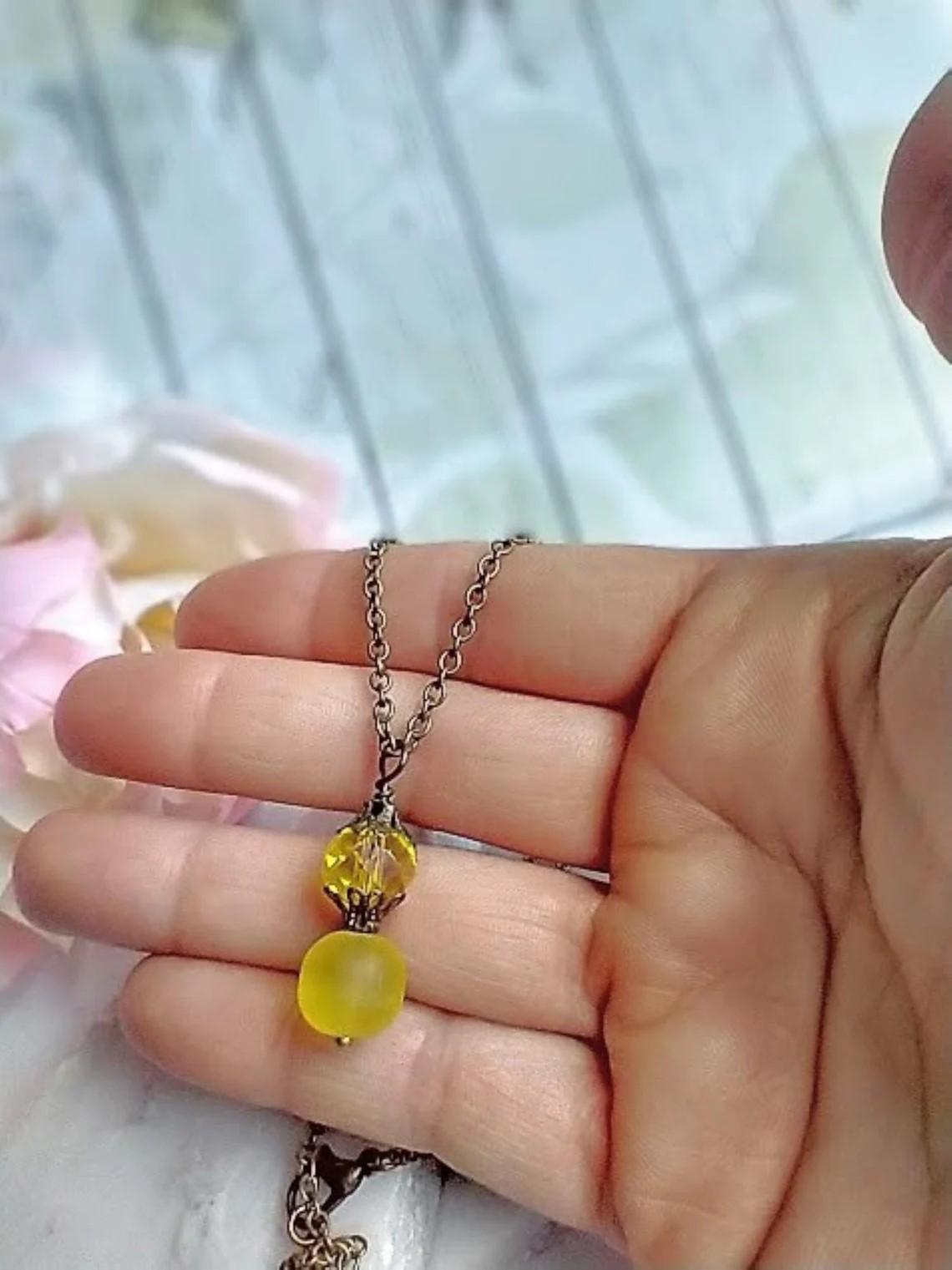 Yellow Sea Glass Dangle Earrings: Brass Victorian Style
