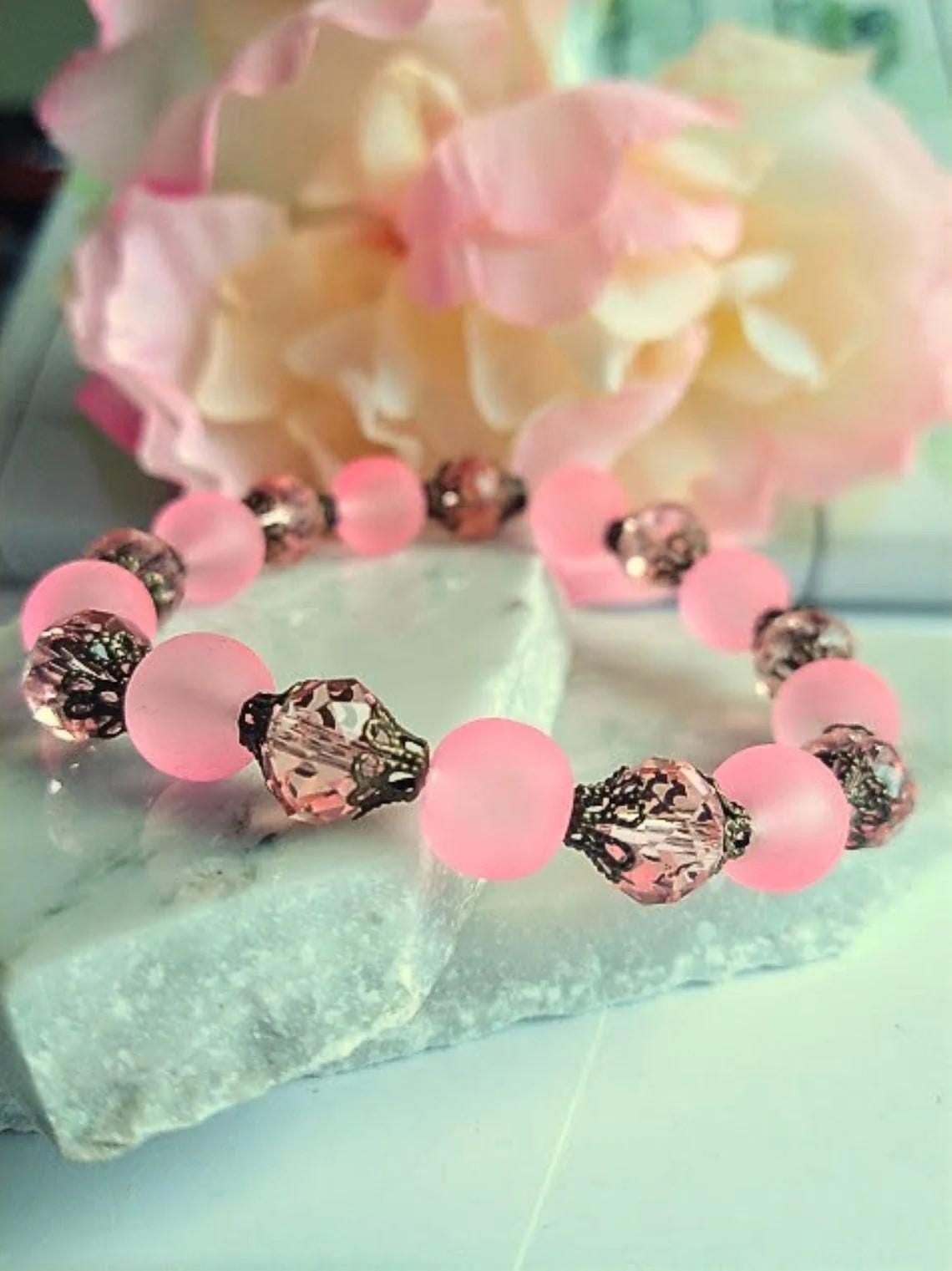 Pink Sea Glass Stretch Bracelet: Antique Brass Bridal Jewelry